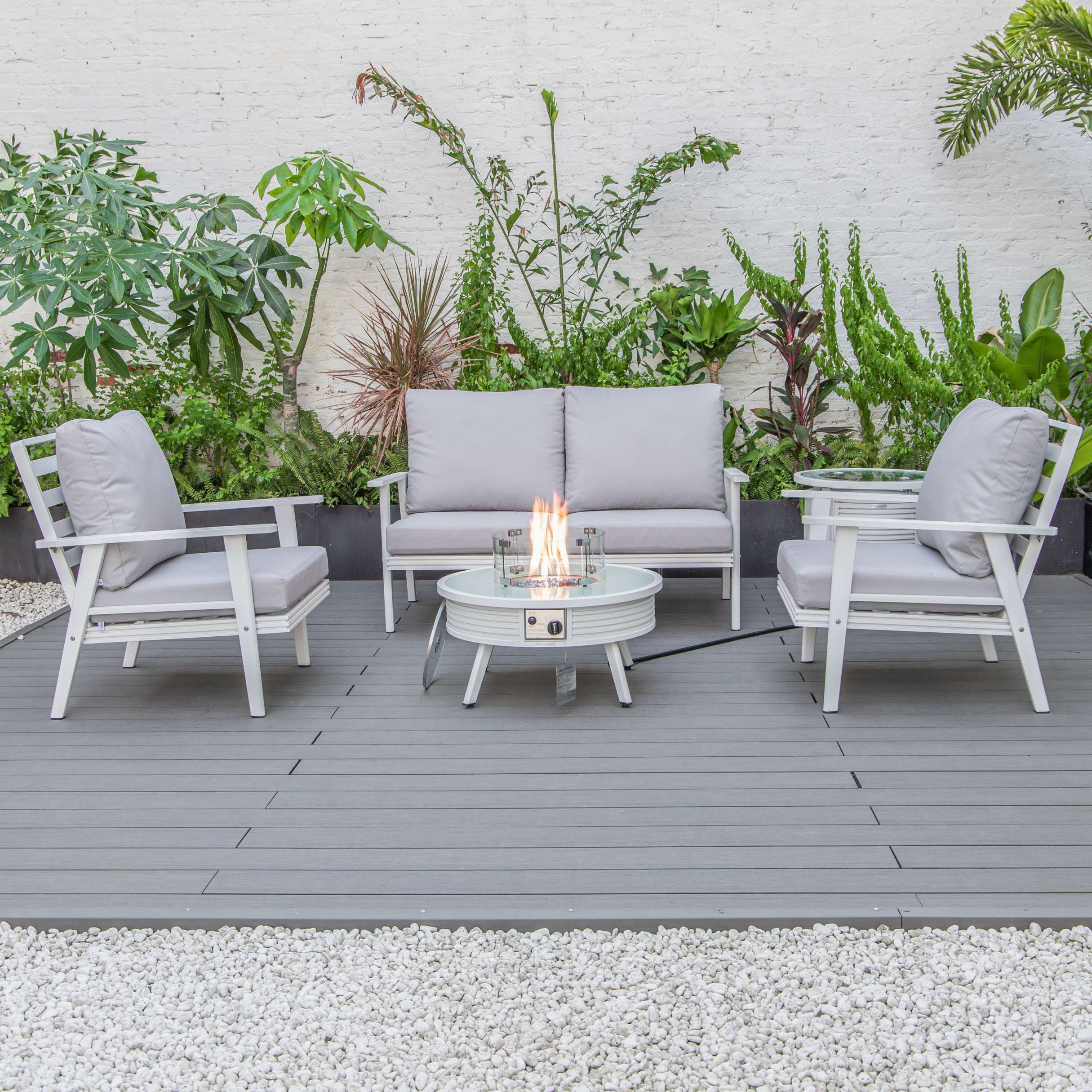 LeisureMod Walbrooke Modern White Patio Conversation With Round Fire Pit & Tank Holder - Image 96