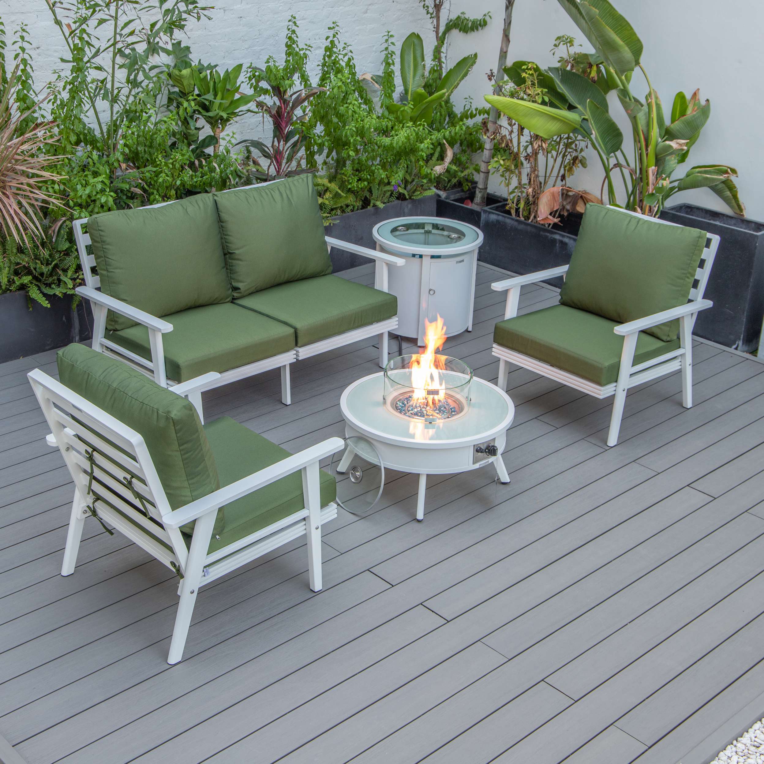 LeisureMod Walbrooke Modern White Patio Conversation With Round Fire Pit & Tank Holder - Image 97