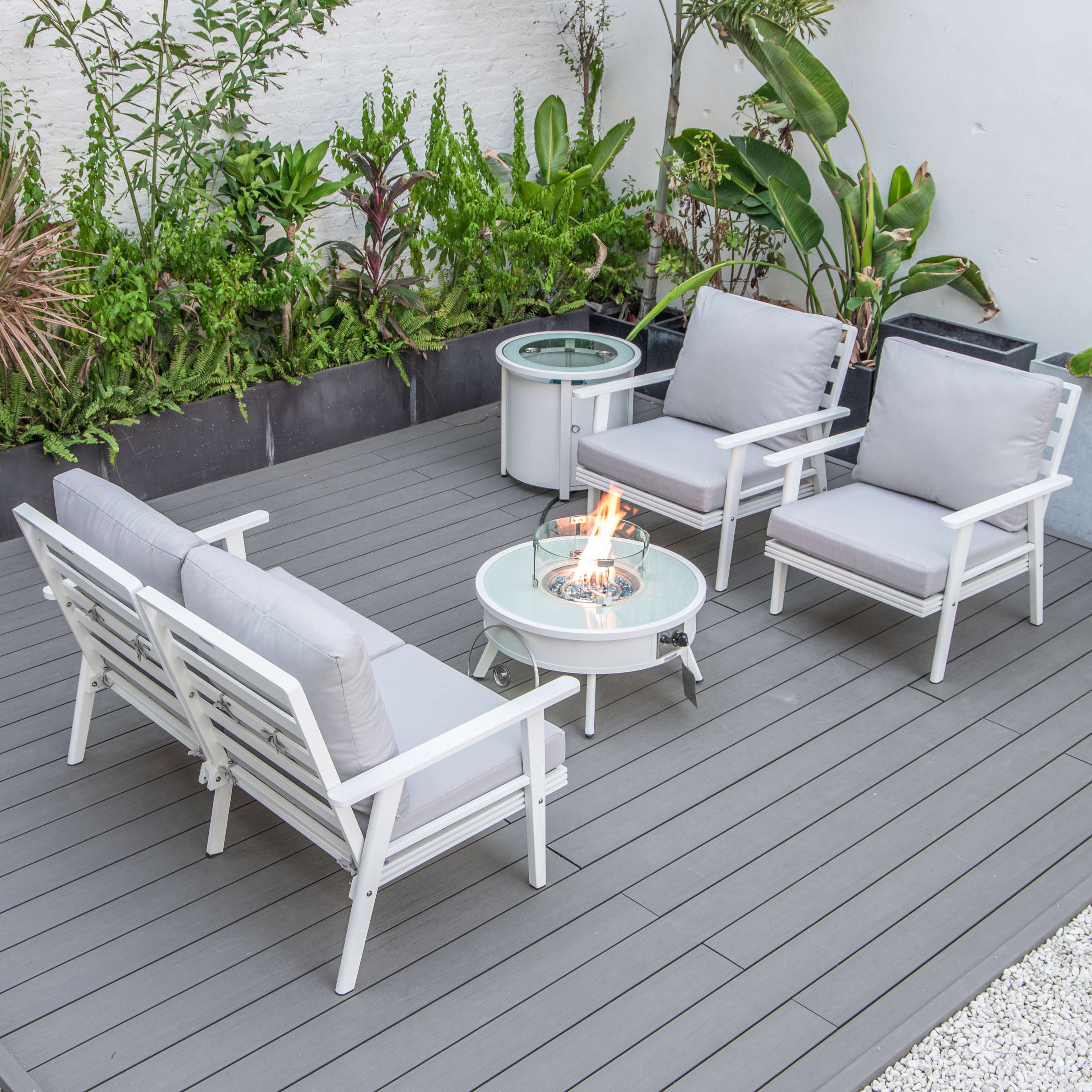LeisureMod Walbrooke Modern White Patio Conversation With Round Fire Pit & Tank Holder - Image 98