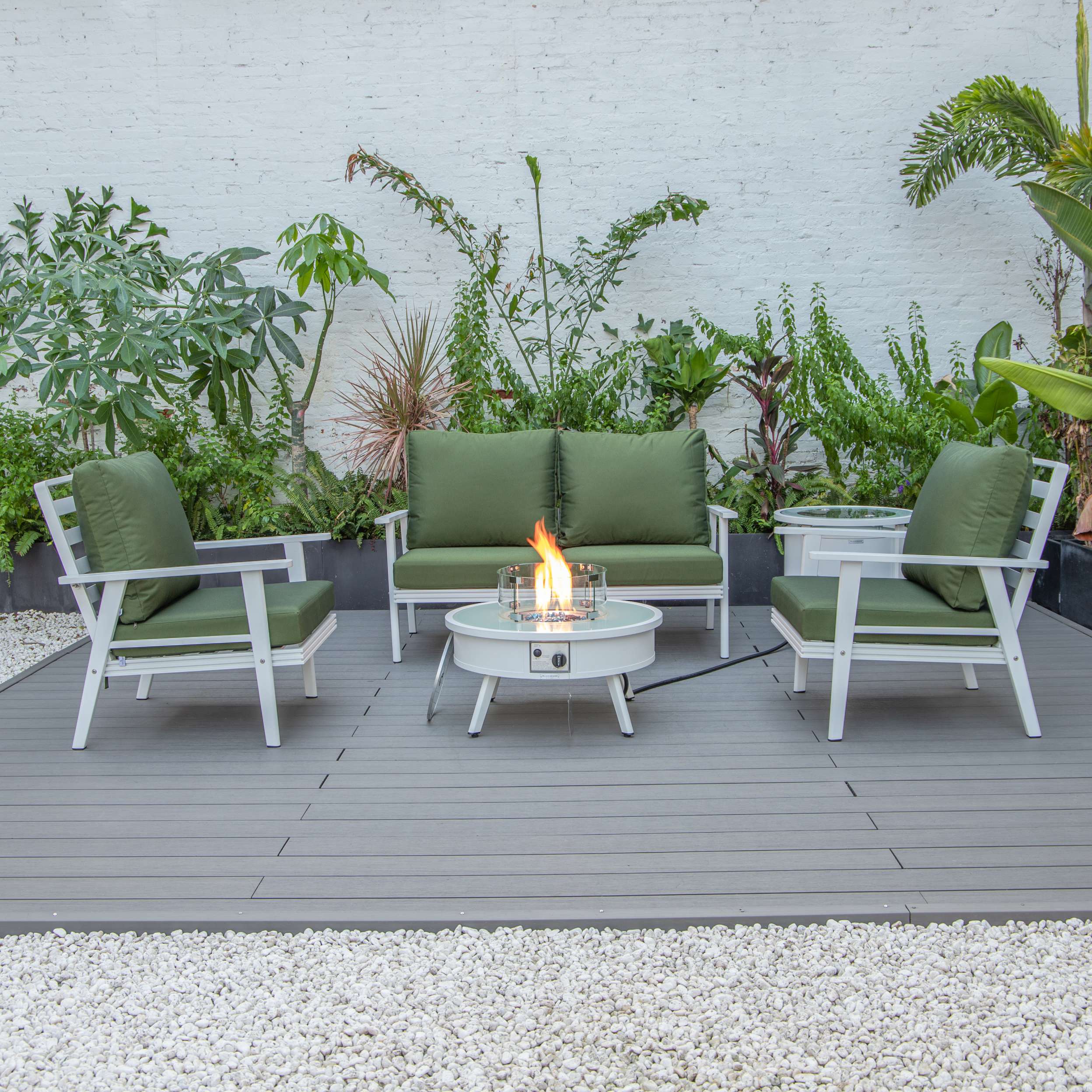 LeisureMod Walbrooke Modern White Patio Conversation With Round Fire Pit & Tank Holder - Image 99