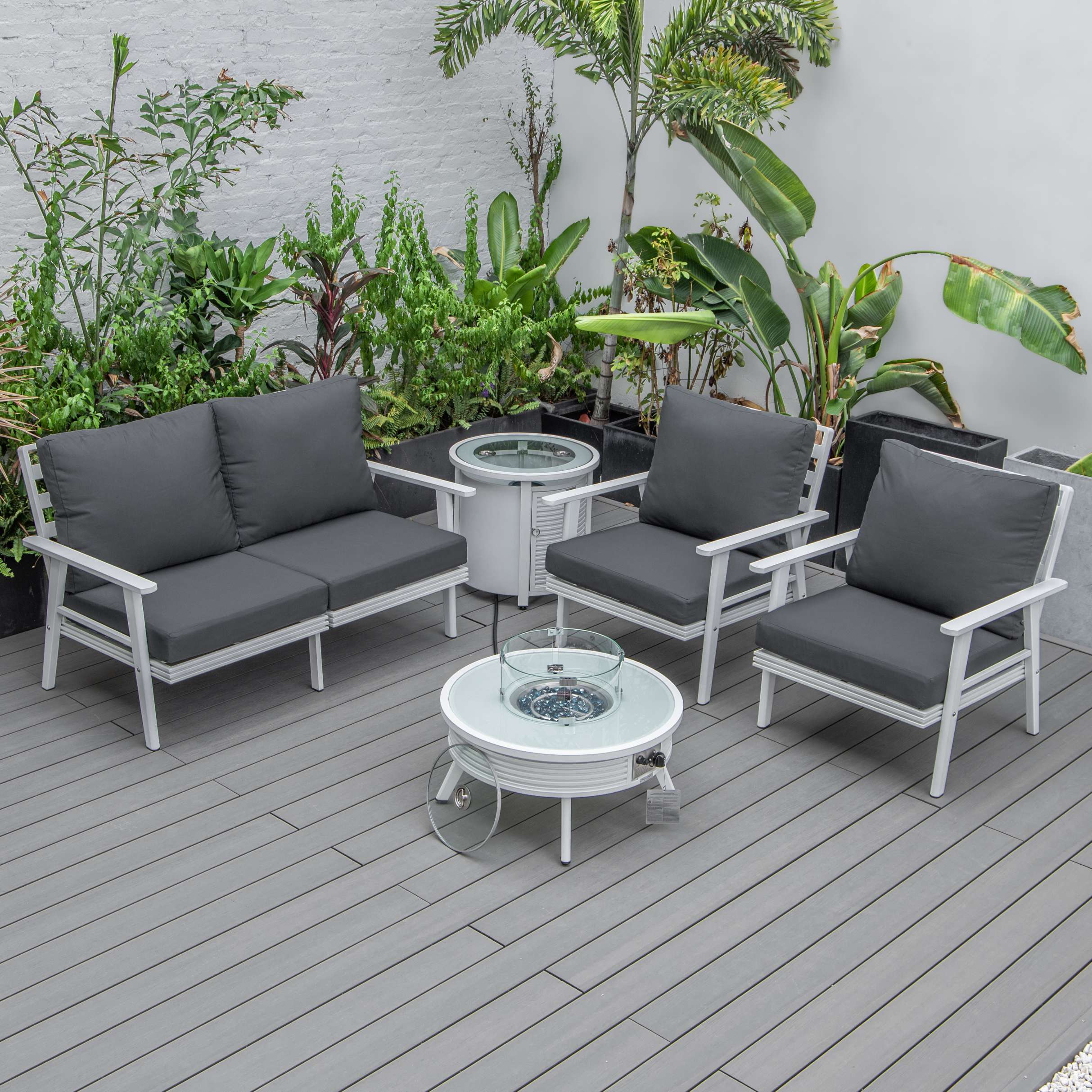 LeisureMod Walbrooke Modern White Patio Conversation With Round Fire Pit With Slats Design & Tank Holder - Image 11