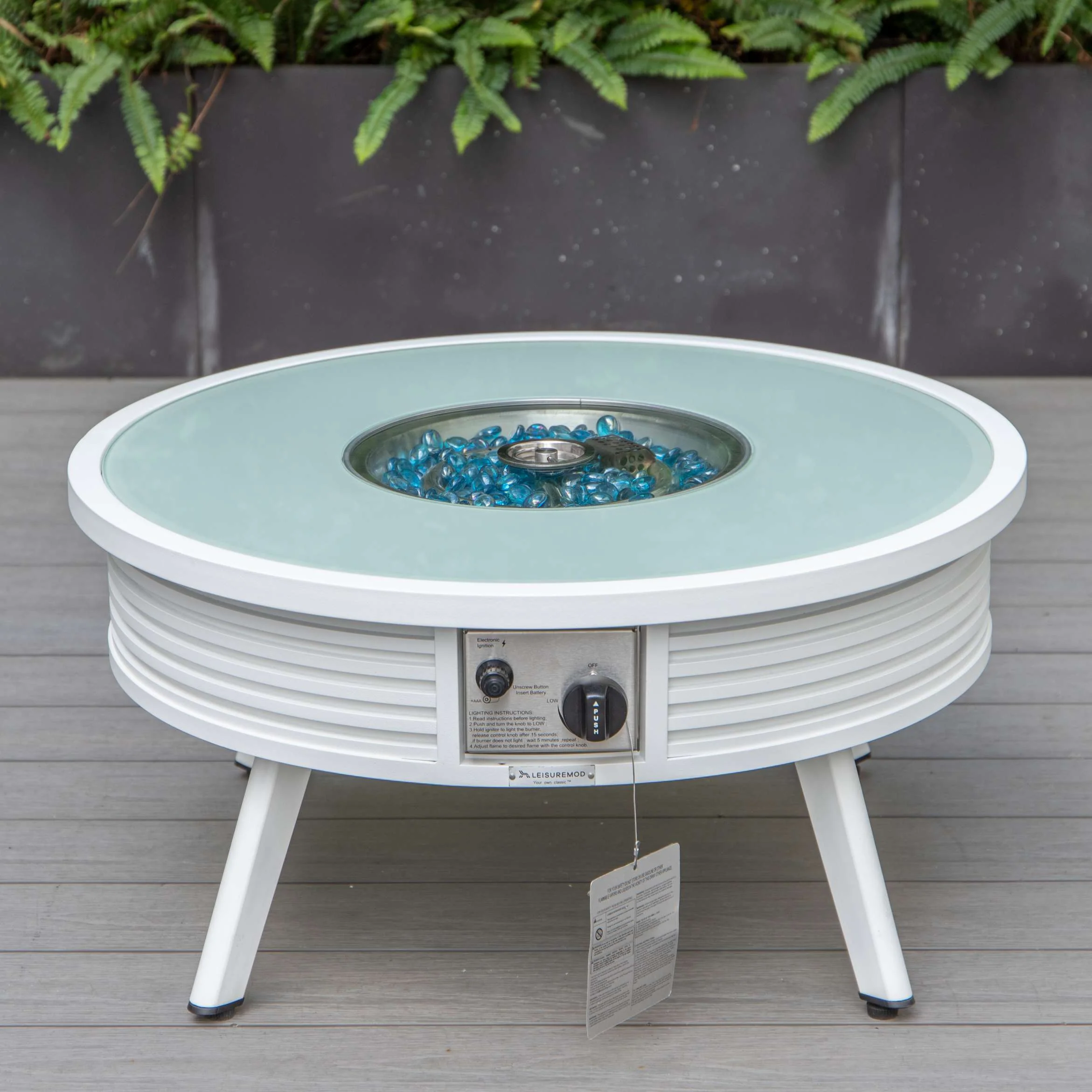 LeisureMod Walbrooke Modern White Patio Conversation With Round Fire Pit With Slats Design & Tank Holder - Image 3