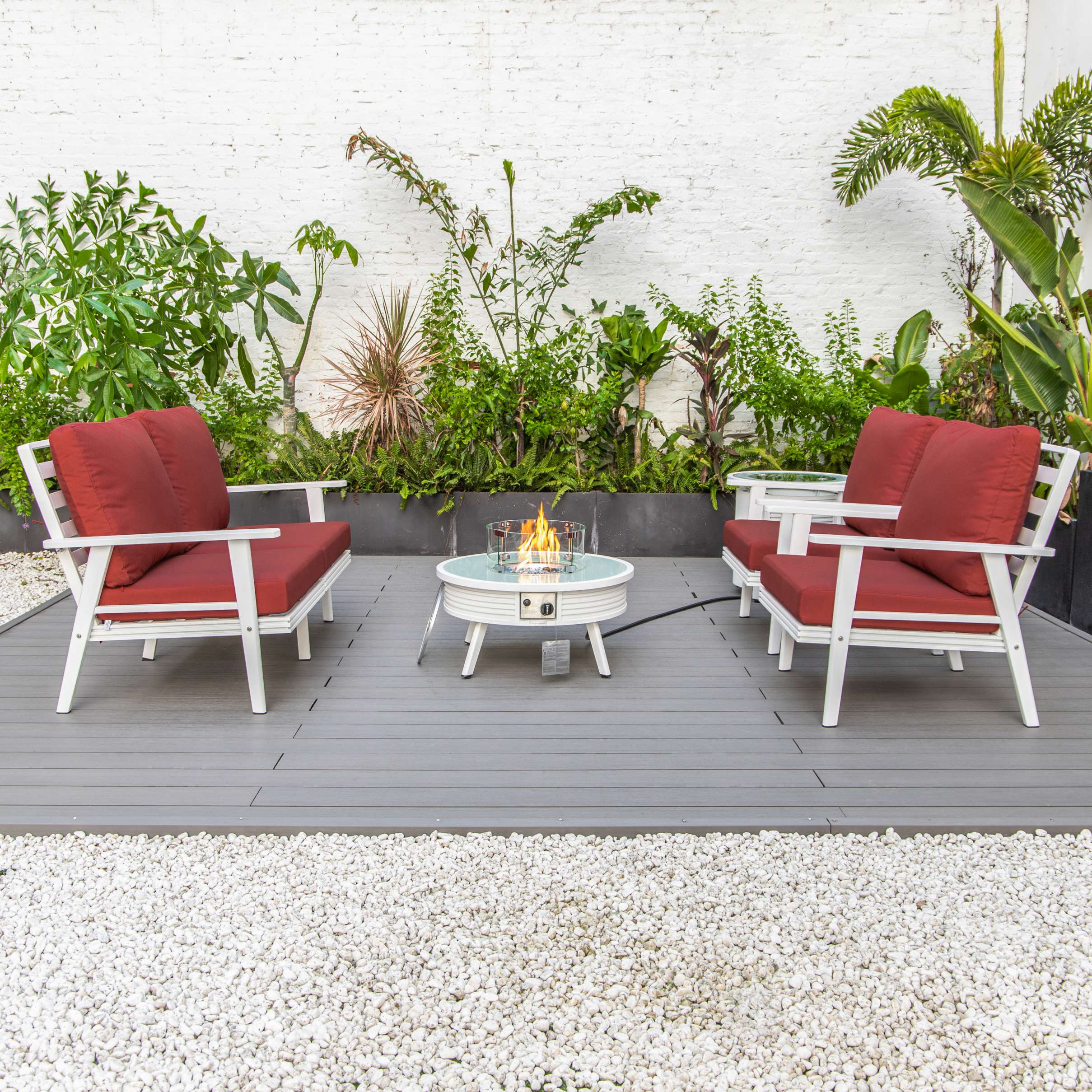 LeisureMod Walbrooke Modern White Patio Conversation With Round Fire Pit With Slats Design & Tank Holder - Image 35