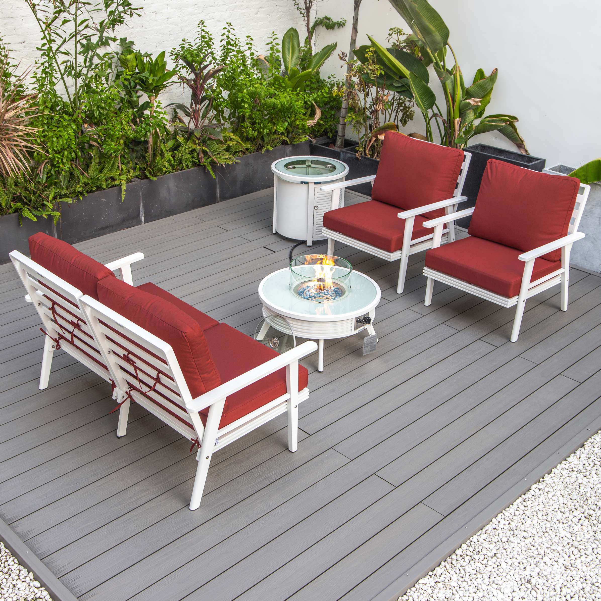 LeisureMod Walbrooke Modern White Patio Conversation With Round Fire Pit With Slats Design & Tank Holder - Image 36