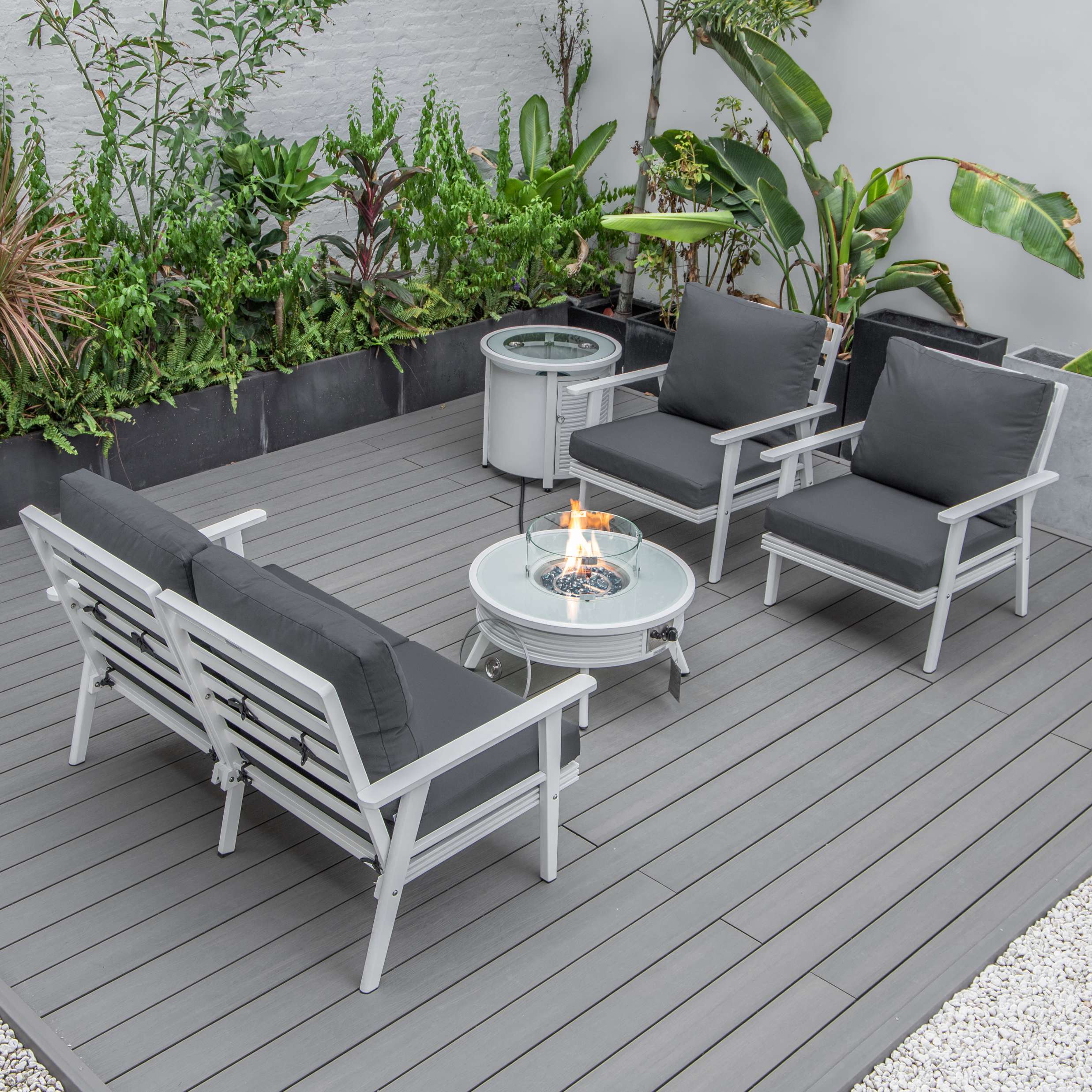 LeisureMod Walbrooke Modern White Patio Conversation With Round Fire Pit With Slats Design & Tank Holder - Image 39