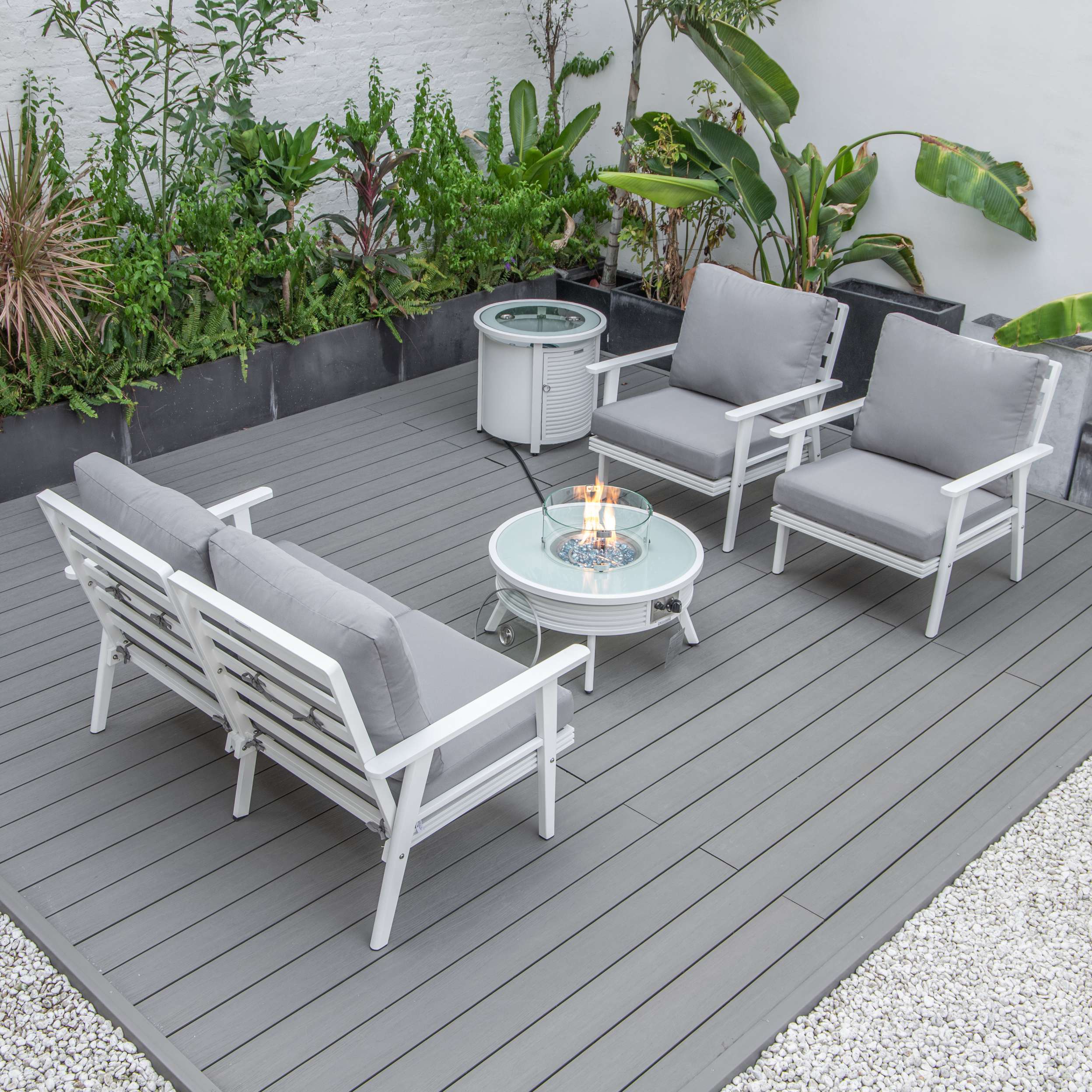 LeisureMod Walbrooke Modern White Patio Conversation With Round Fire Pit With Slats Design & Tank Holder - Image 42