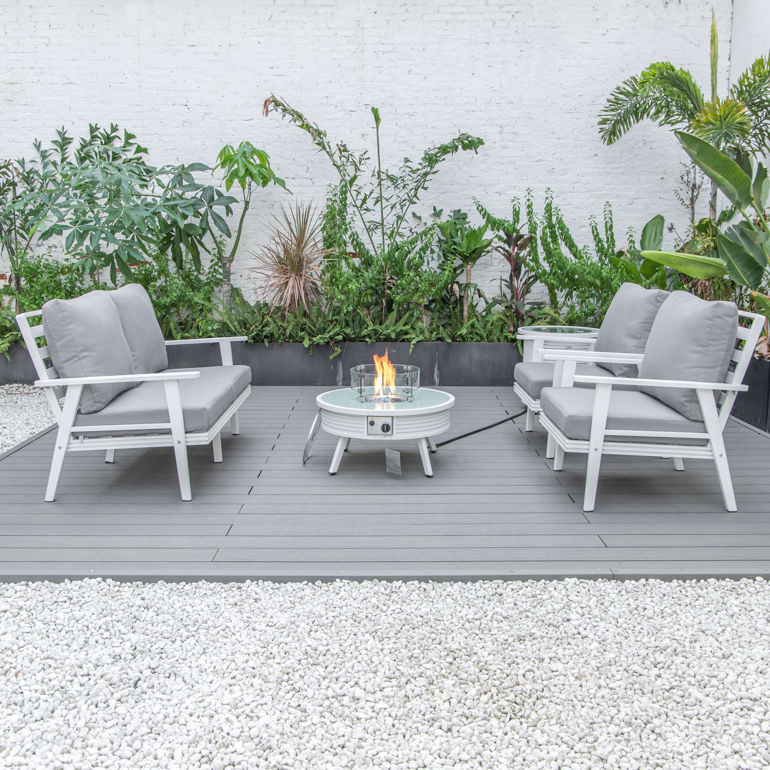 LeisureMod Walbrooke Modern White Patio Conversation With Round Fire Pit With Slats Design & Tank Holder - Image 43