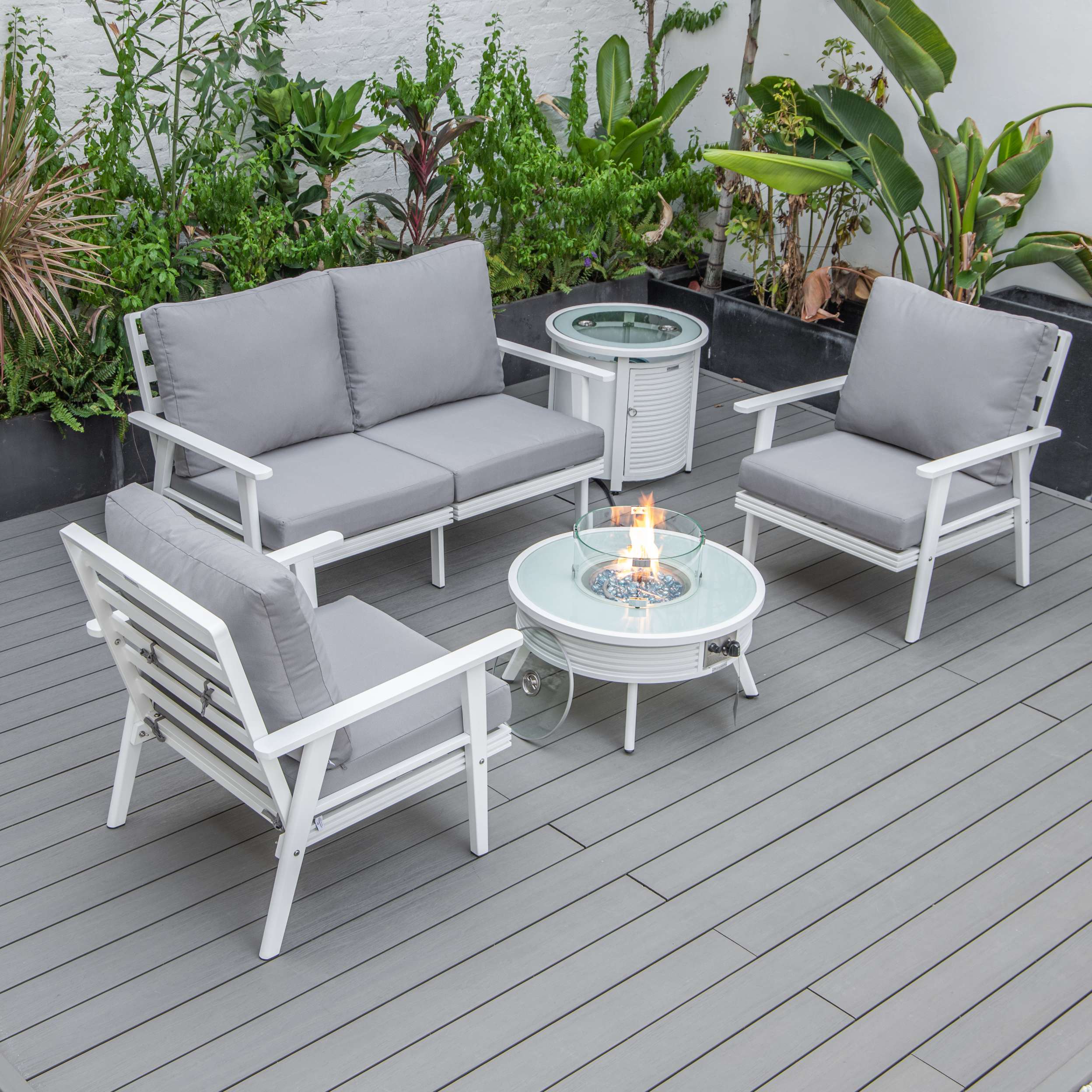 LeisureMod Walbrooke Modern White Patio Conversation With Round Fire Pit With Slats Design & Tank Holder - Image 45