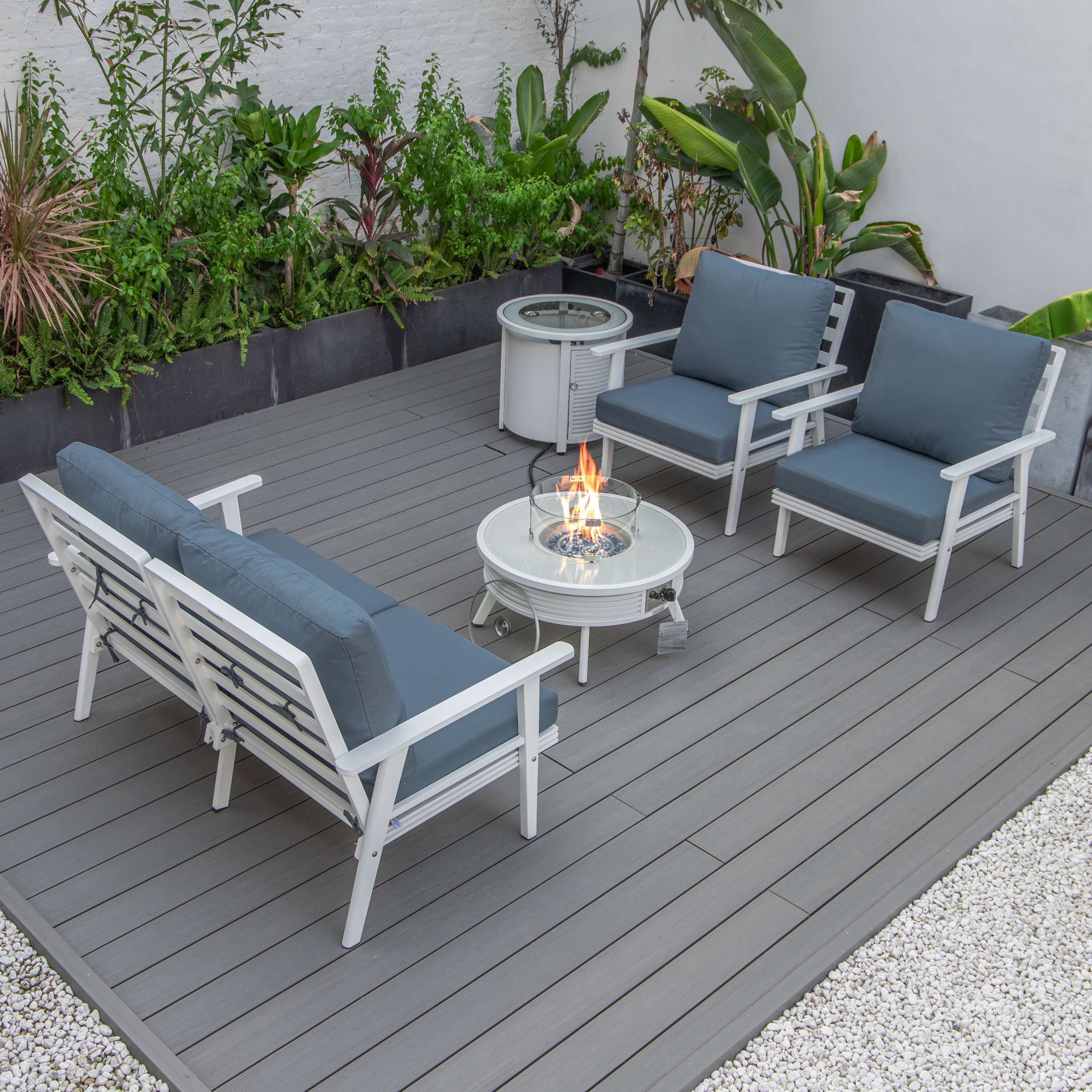 LeisureMod Walbrooke Modern White Patio Conversation With Round Fire Pit With Slats Design & Tank Holder - Image 47