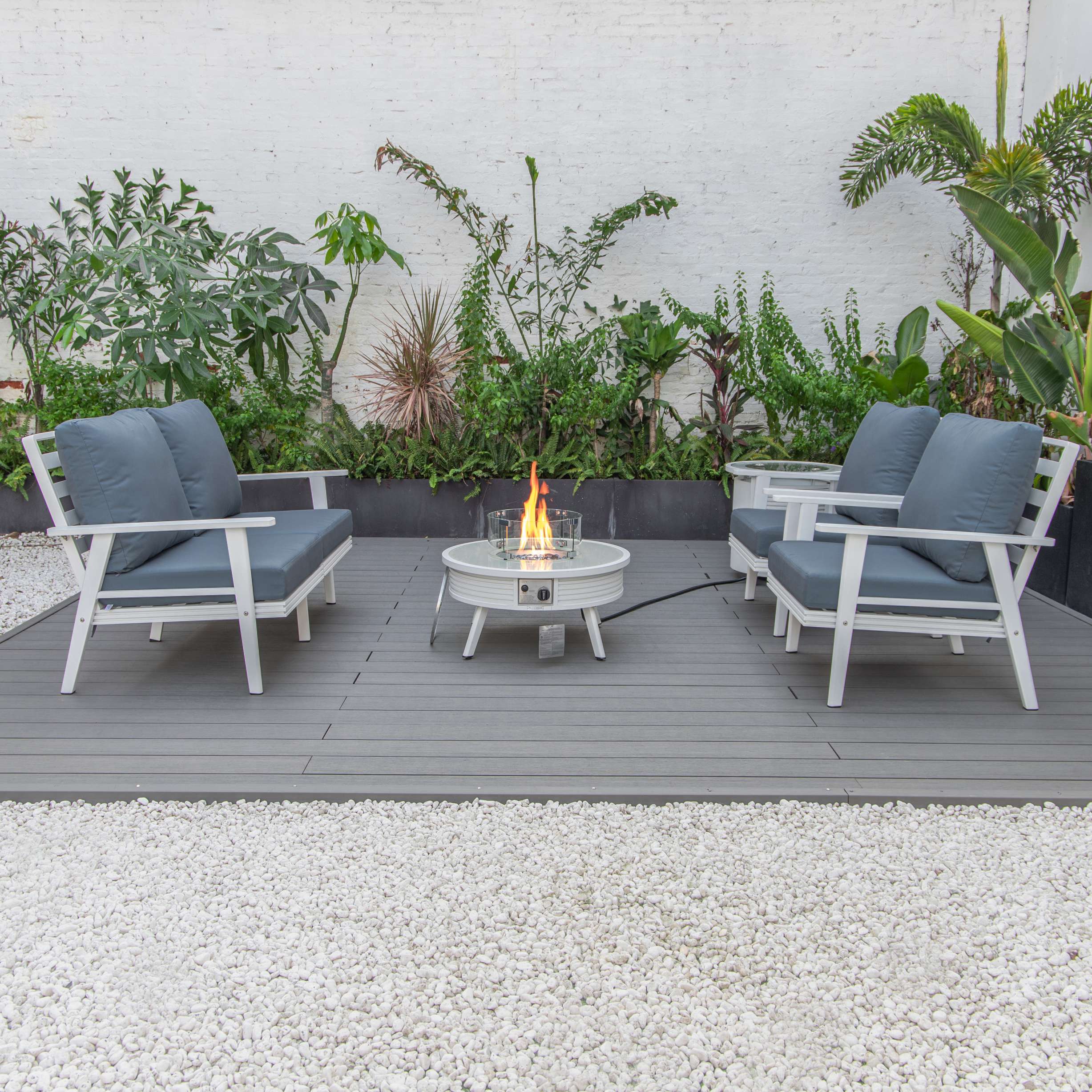 LeisureMod Walbrooke Modern White Patio Conversation With Round Fire Pit With Slats Design & Tank Holder - Image 48