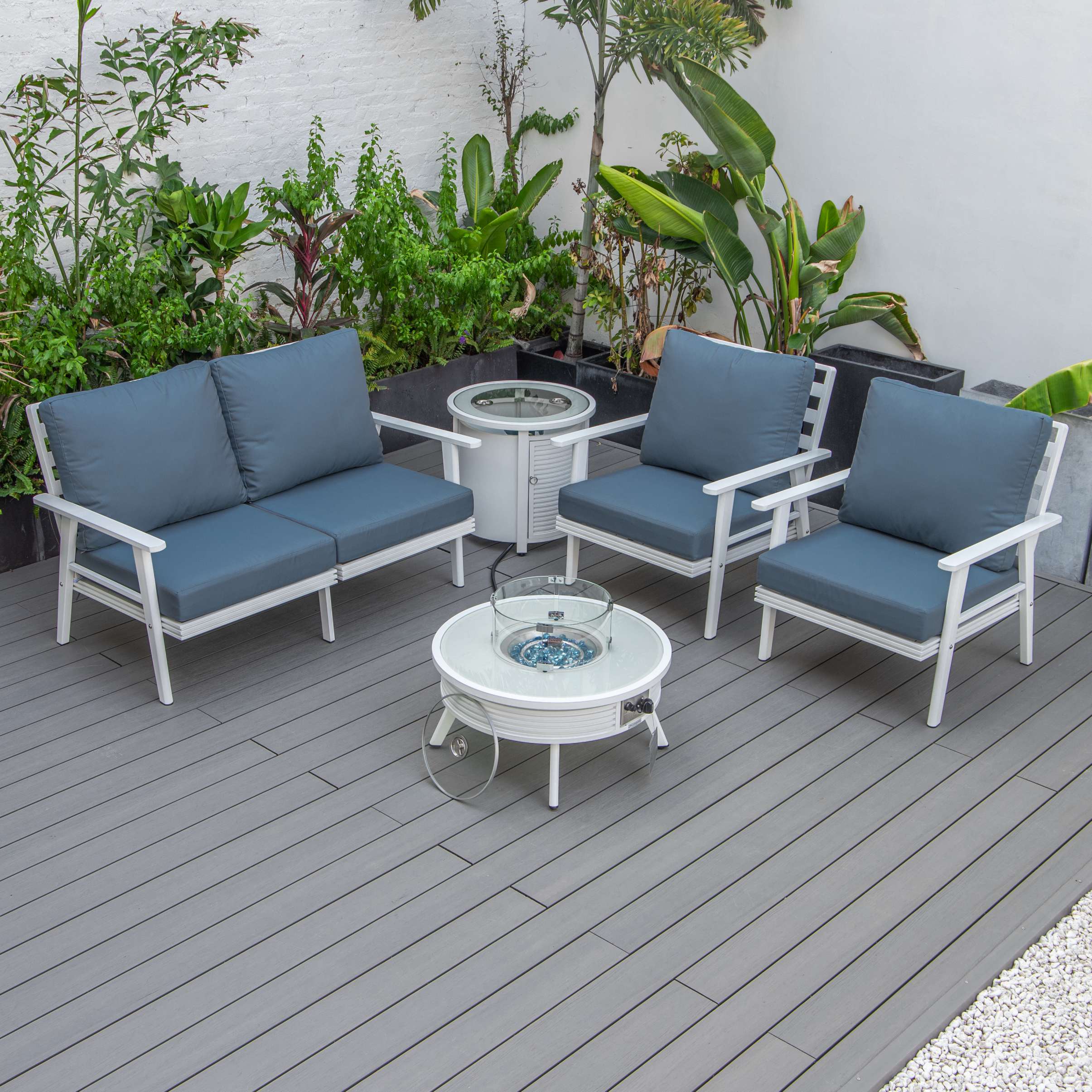 LeisureMod Walbrooke Modern White Patio Conversation With Round Fire Pit With Slats Design & Tank Holder - Image 49