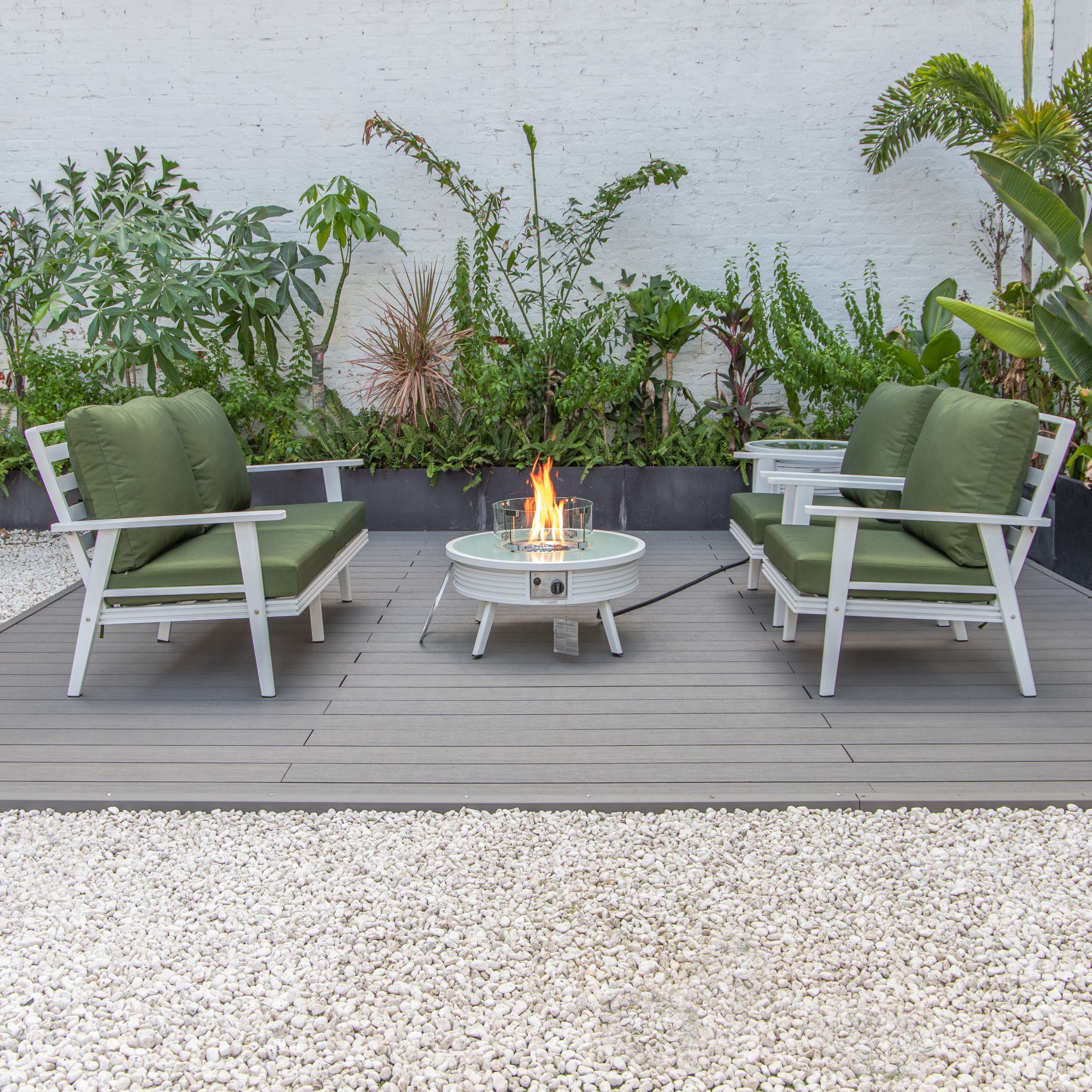 LeisureMod Walbrooke Modern White Patio Conversation With Round Fire Pit With Slats Design & Tank Holder - Image 52