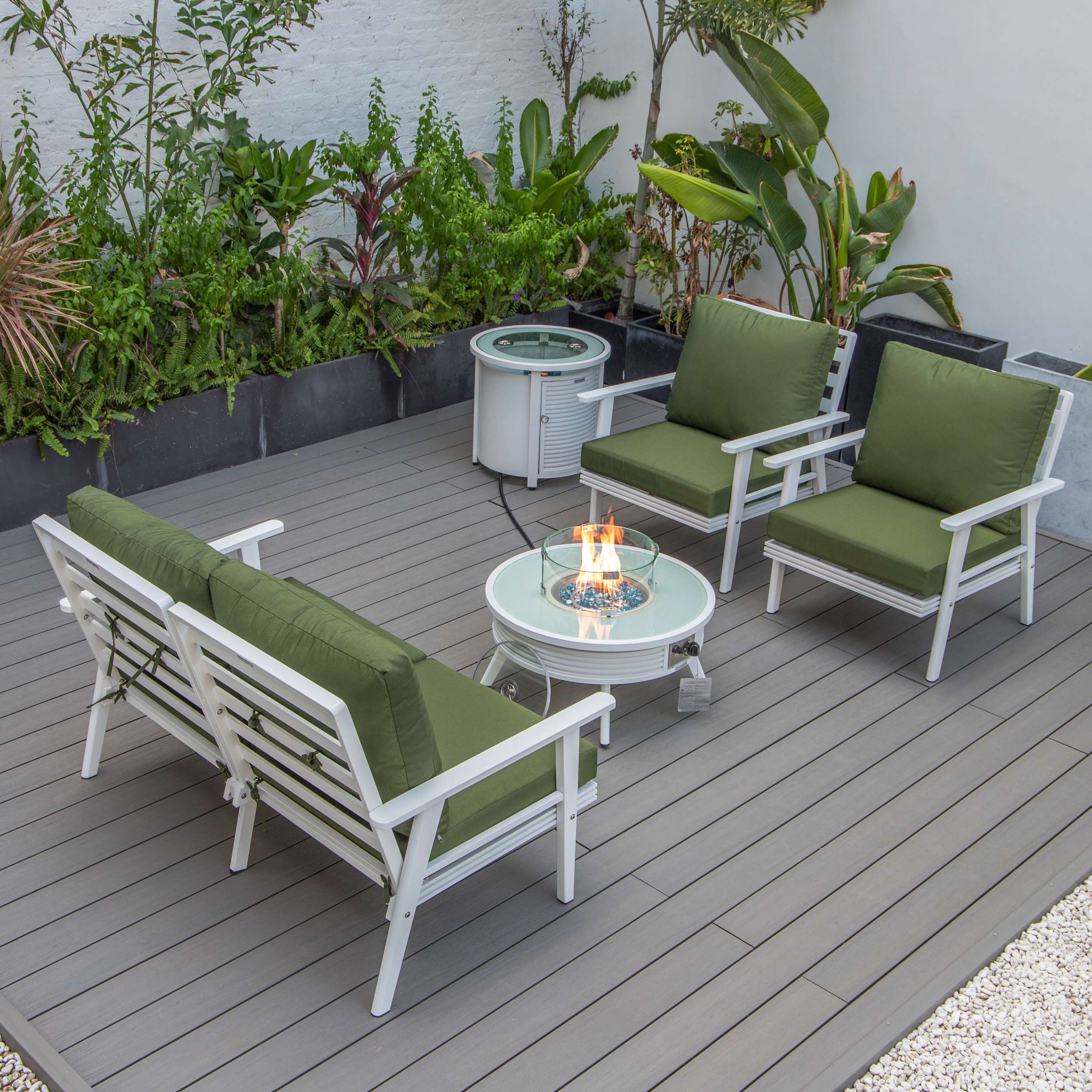LeisureMod Walbrooke Modern White Patio Conversation With Round Fire Pit With Slats Design & Tank Holder - Image 53