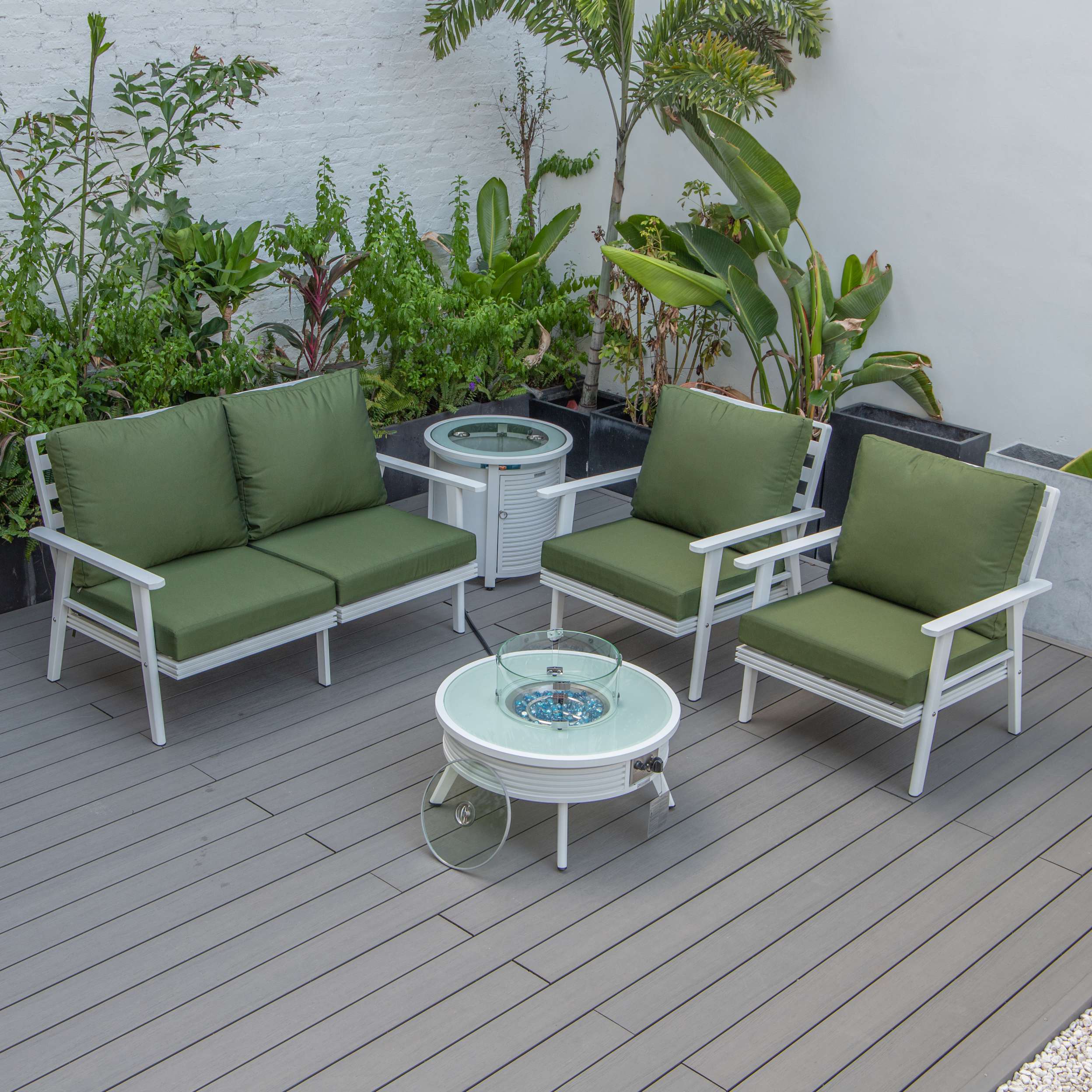 LeisureMod Walbrooke Modern White Patio Conversation With Round Fire Pit With Slats Design & Tank Holder - Image 54