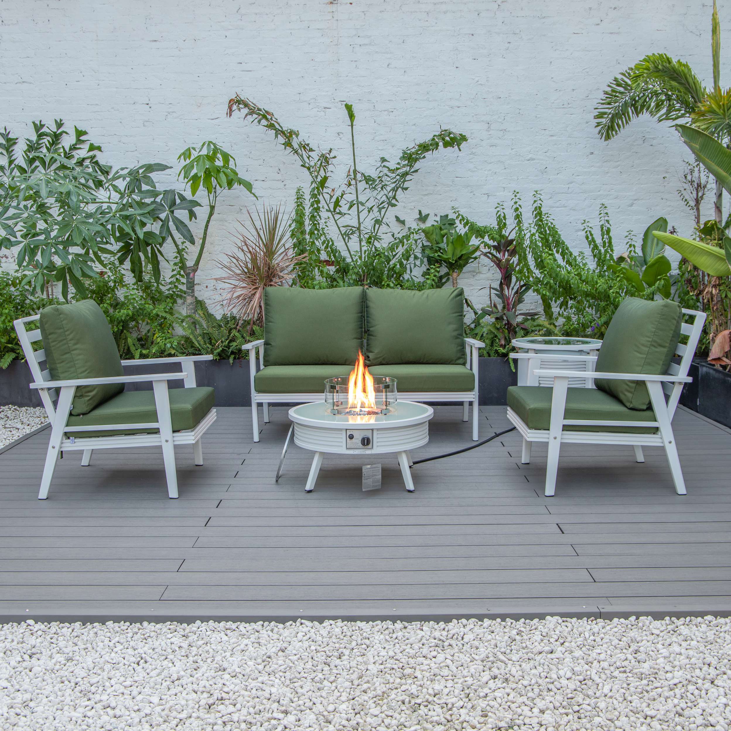 LeisureMod Walbrooke Modern White Patio Conversation With Round Fire Pit With Slats Design & Tank Holder - Image 56