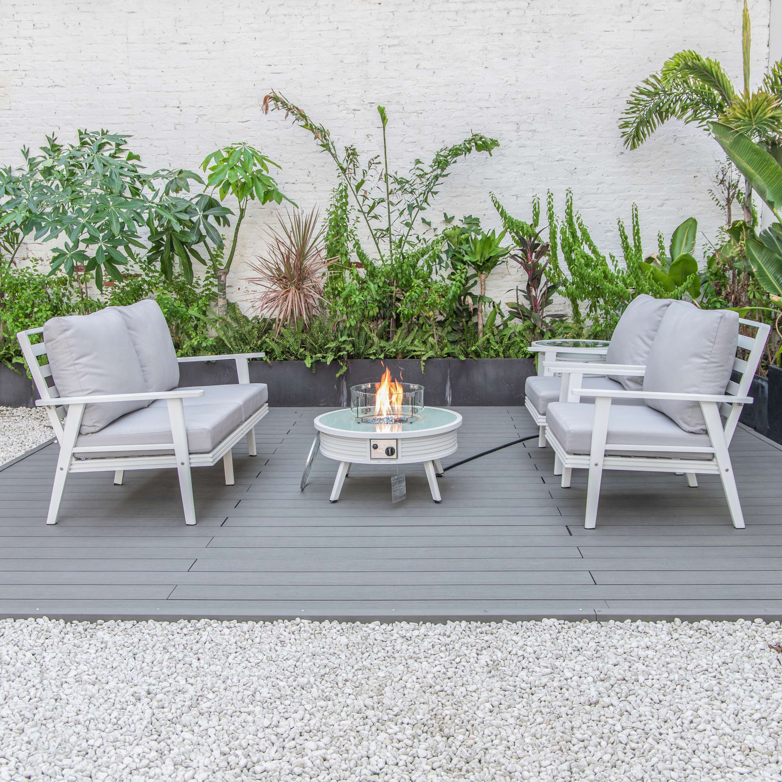 LeisureMod Walbrooke Modern White Patio Conversation With Round Fire Pit With Slats Design & Tank Holder - Image 57