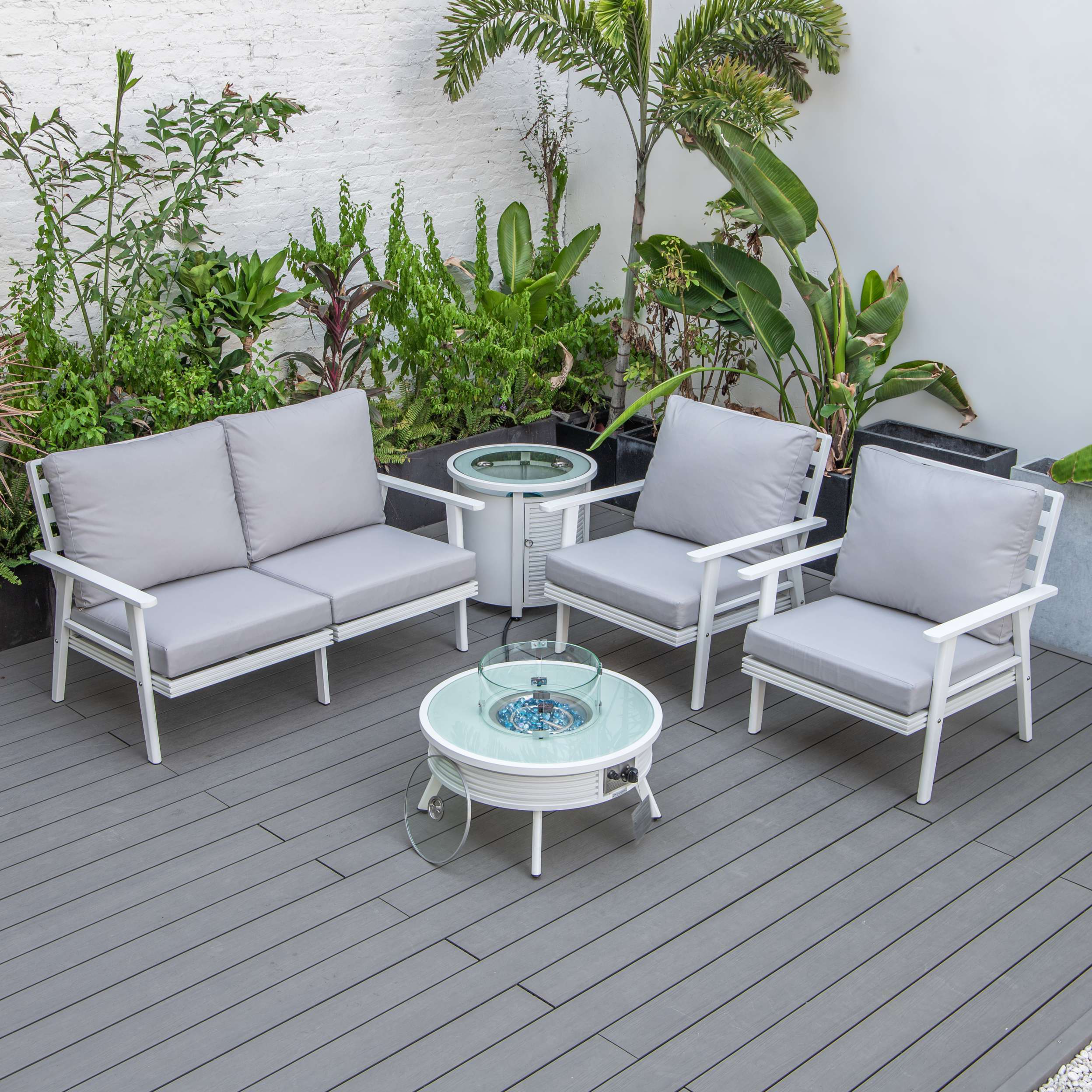 LeisureMod Walbrooke Modern White Patio Conversation With Round Fire Pit With Slats Design & Tank Holder - Image 59