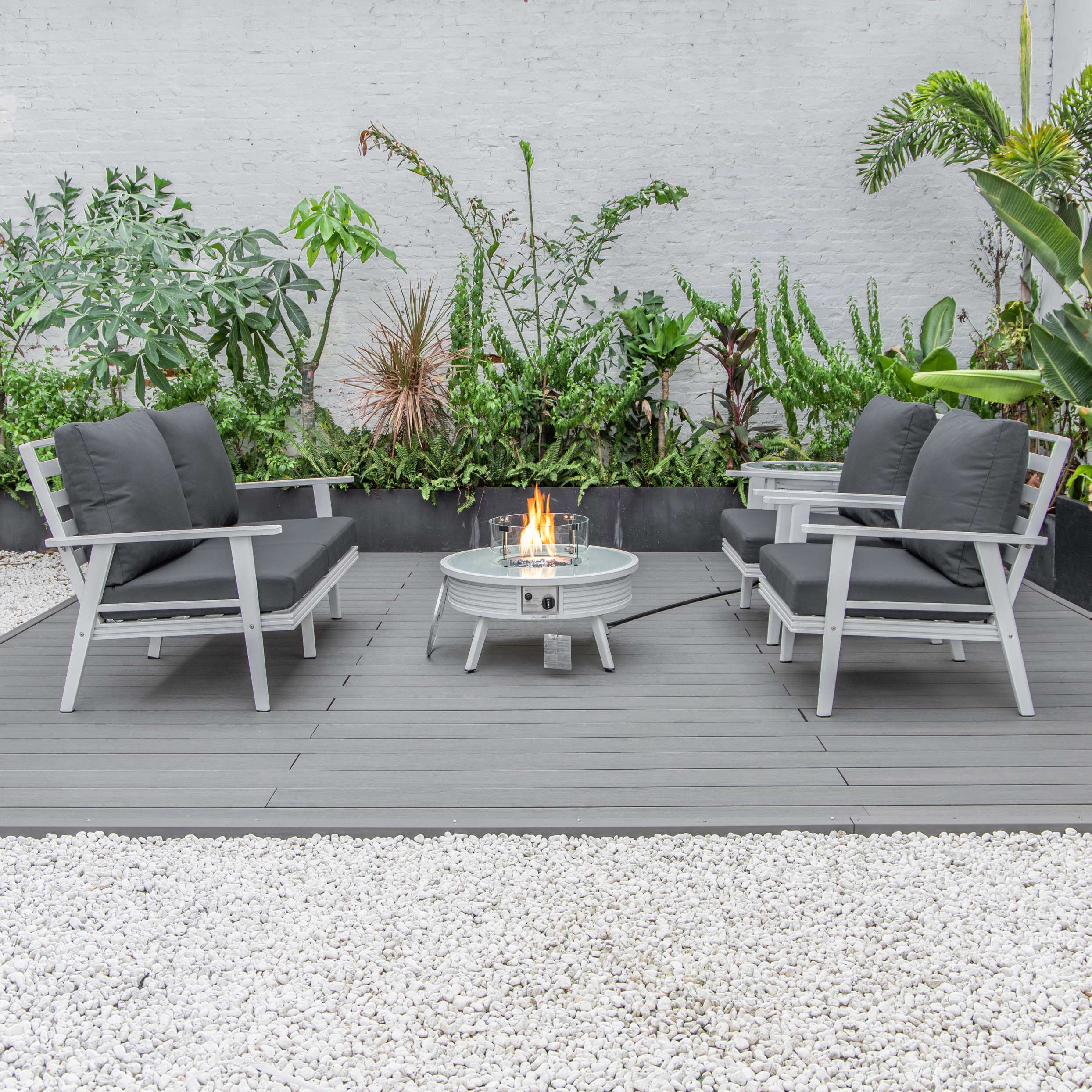 LeisureMod Walbrooke Modern White Patio Conversation With Round Fire Pit With Slats Design & Tank Holder - Image 9