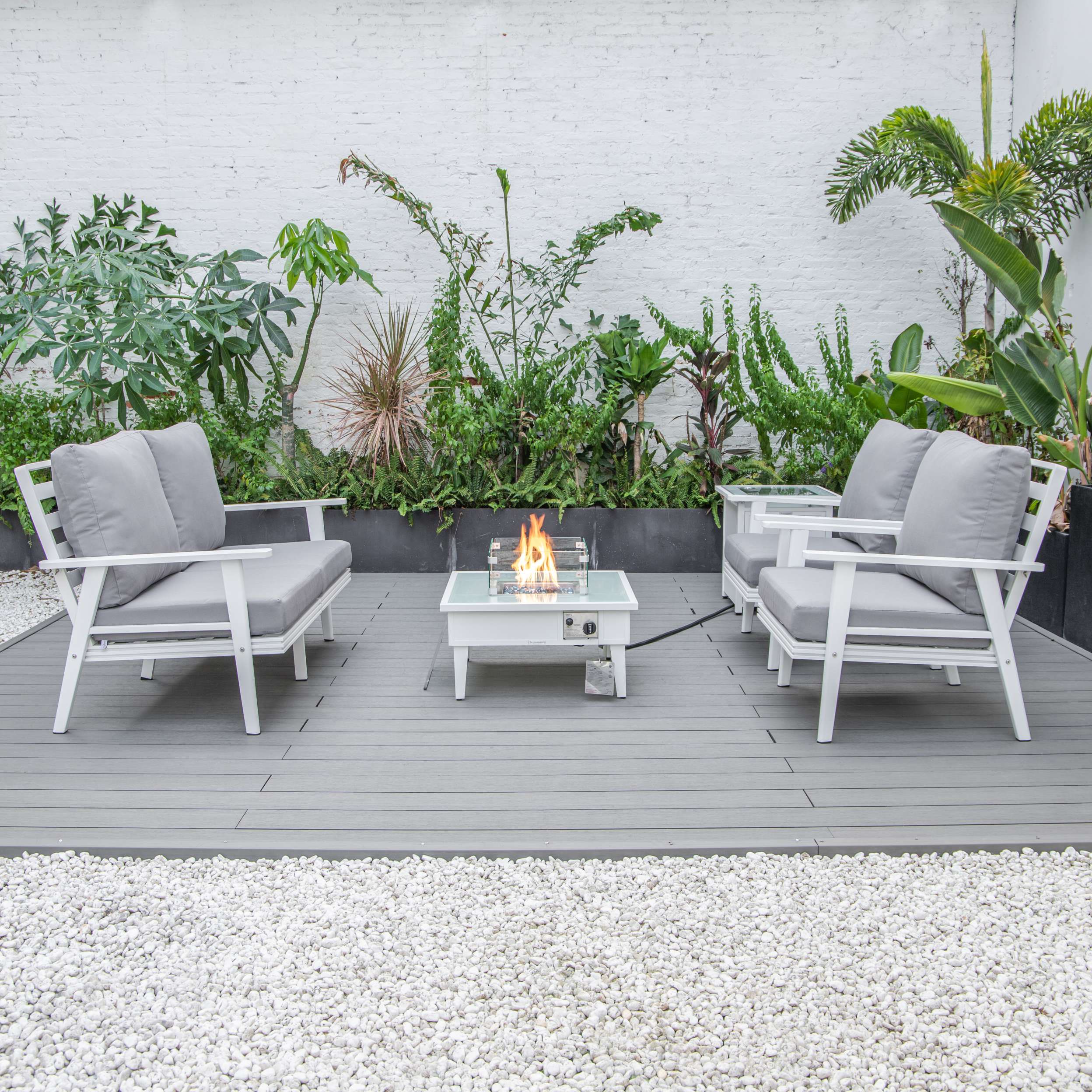 LeisureMod Walbrooke Modern White Patio Conversation With Square Fire Pit & Tank Holder - Image 108