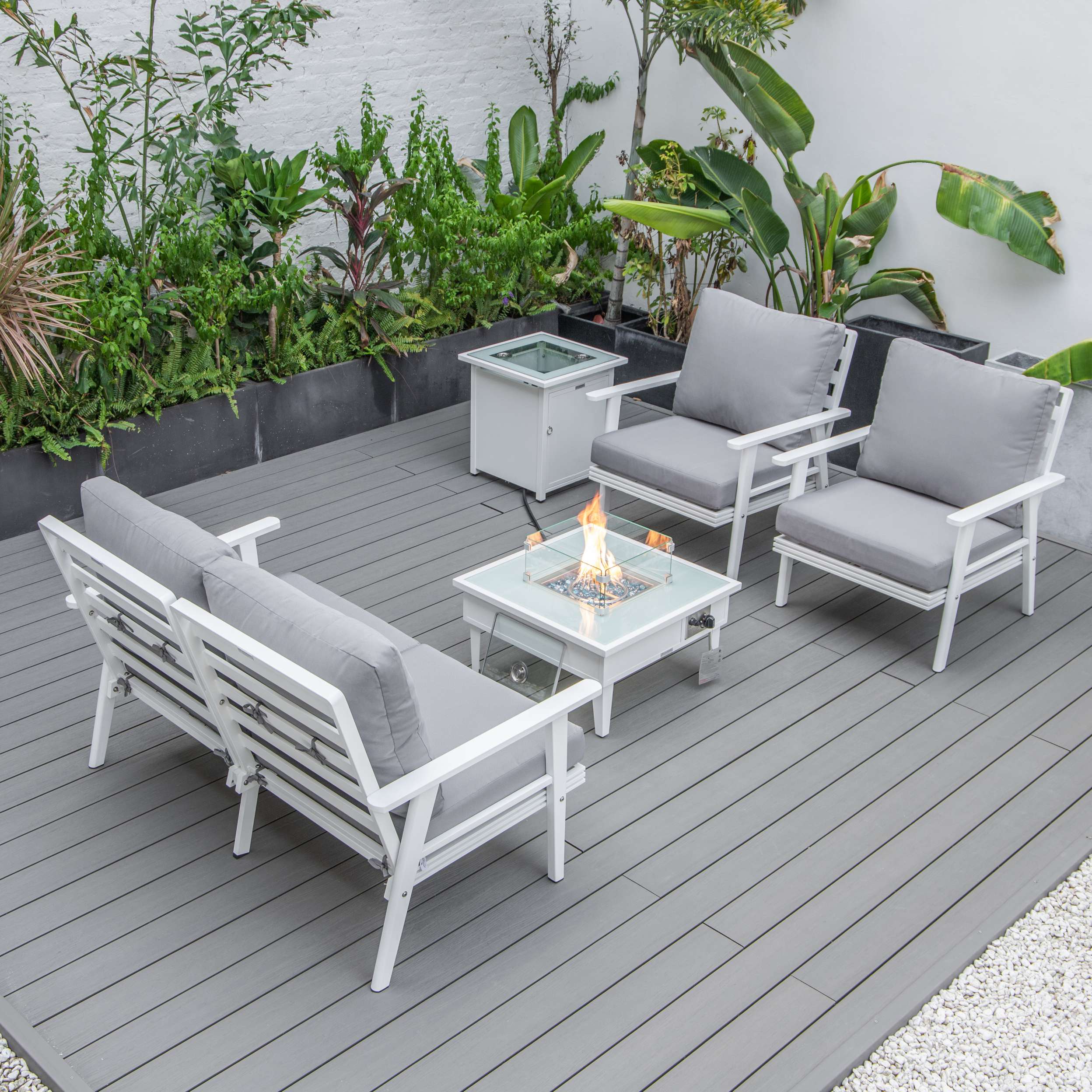 LeisureMod Walbrooke Modern White Patio Conversation With Square Fire Pit & Tank Holder - Image 109
