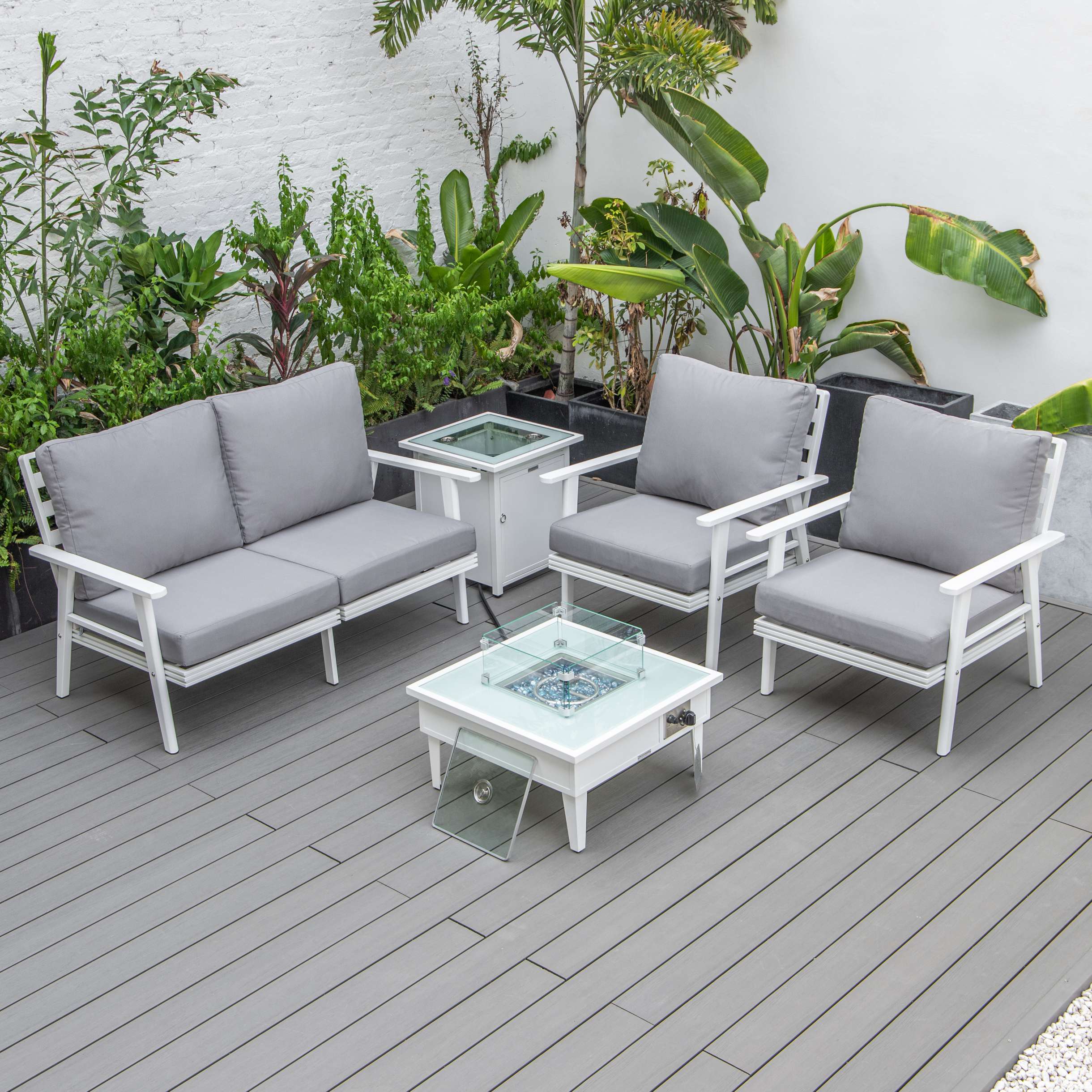 LeisureMod Walbrooke Modern White Patio Conversation With Square Fire Pit & Tank Holder - Image 110