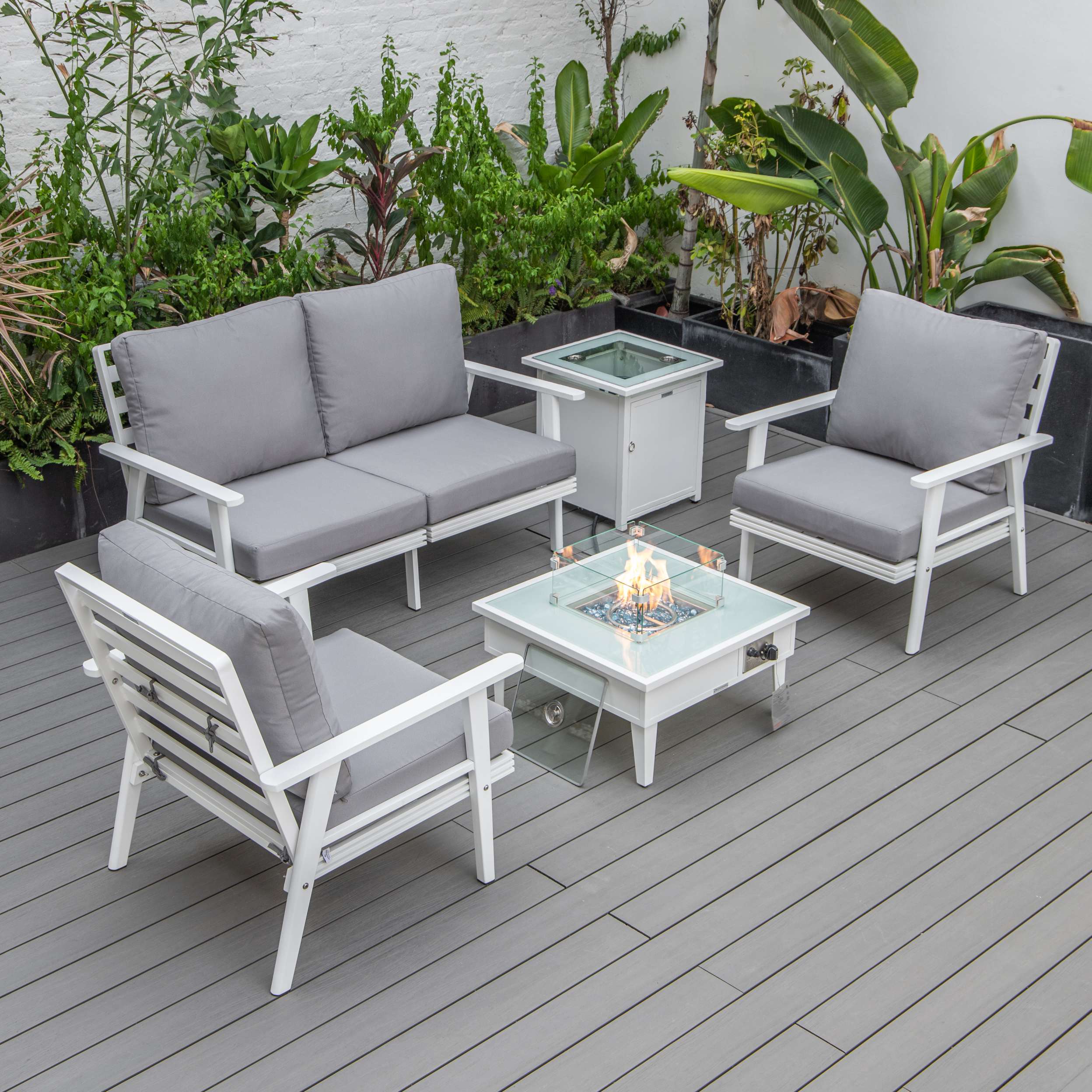 LeisureMod Walbrooke Modern White Patio Conversation With Square Fire Pit & Tank Holder - Image 111
