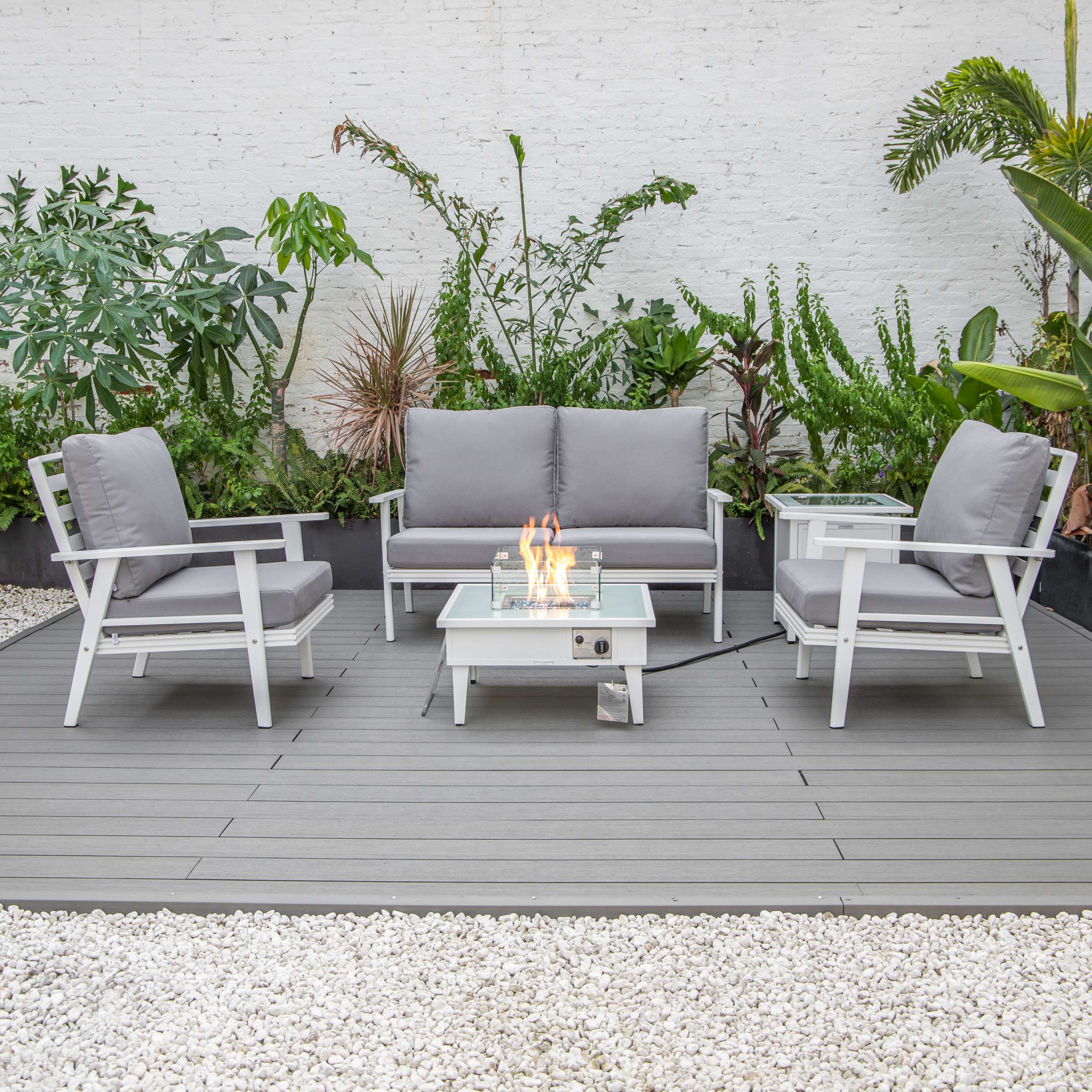 LeisureMod Walbrooke Modern White Patio Conversation With Square Fire Pit & Tank Holder - Image 112