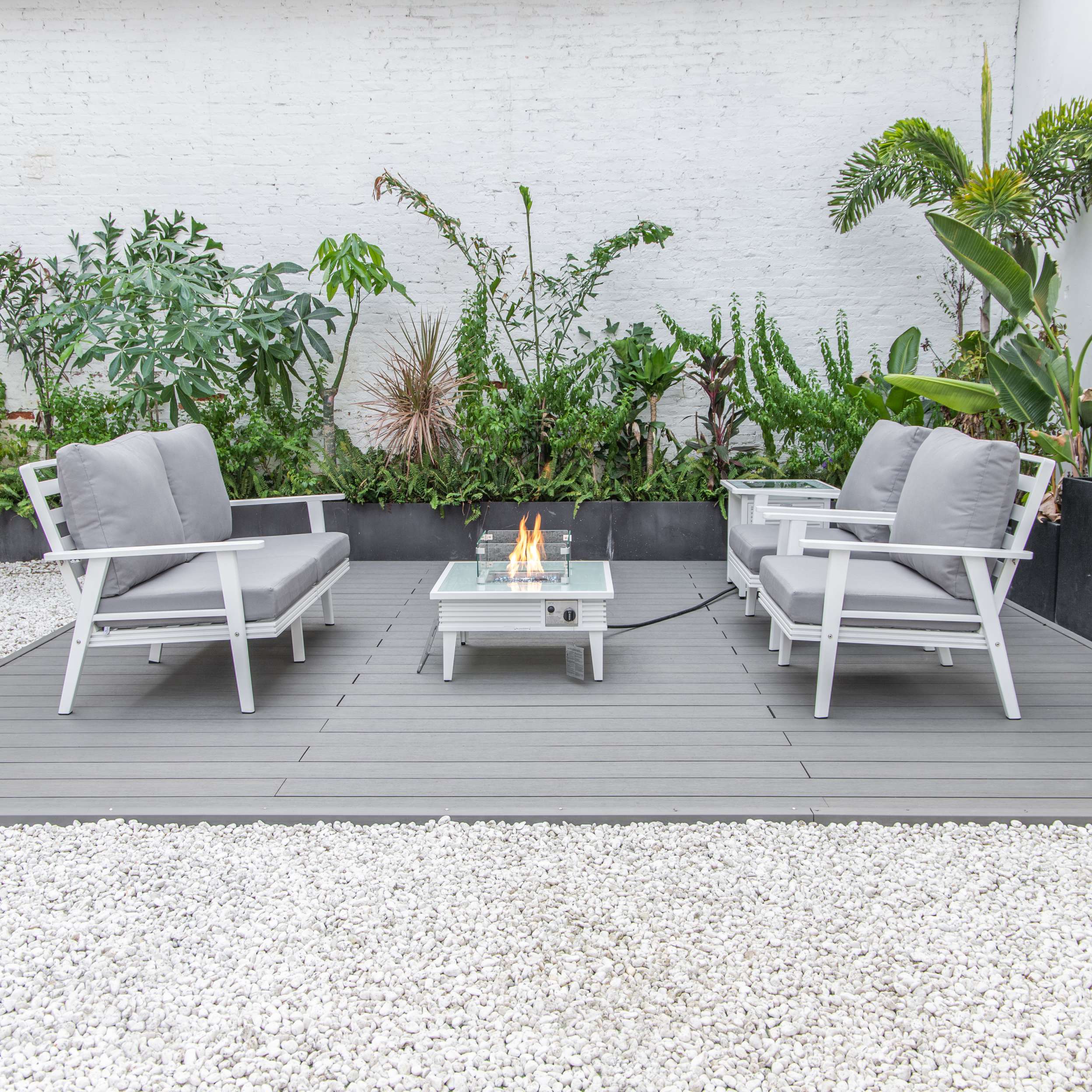 LeisureMod Walbrooke Modern White Patio Conversation With Square Fire Pit & Tank Holder - Image 113