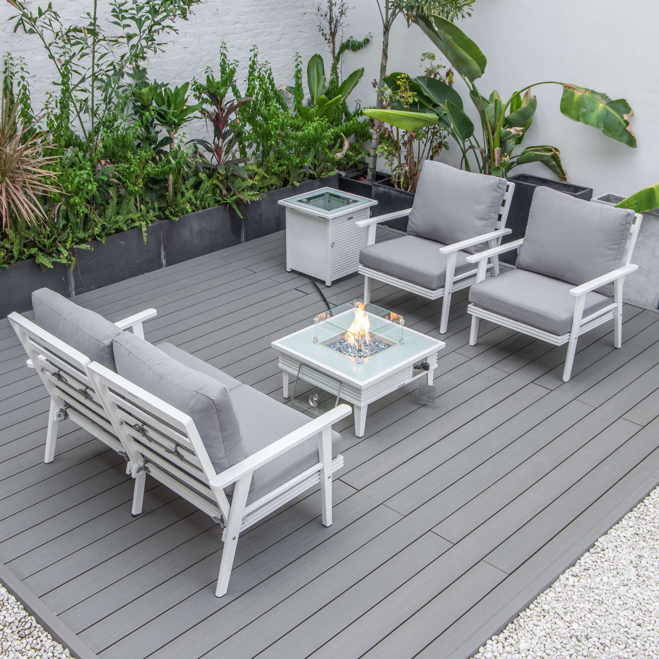 LeisureMod Walbrooke Modern White Patio Conversation With Square Fire Pit & Tank Holder - Image 114