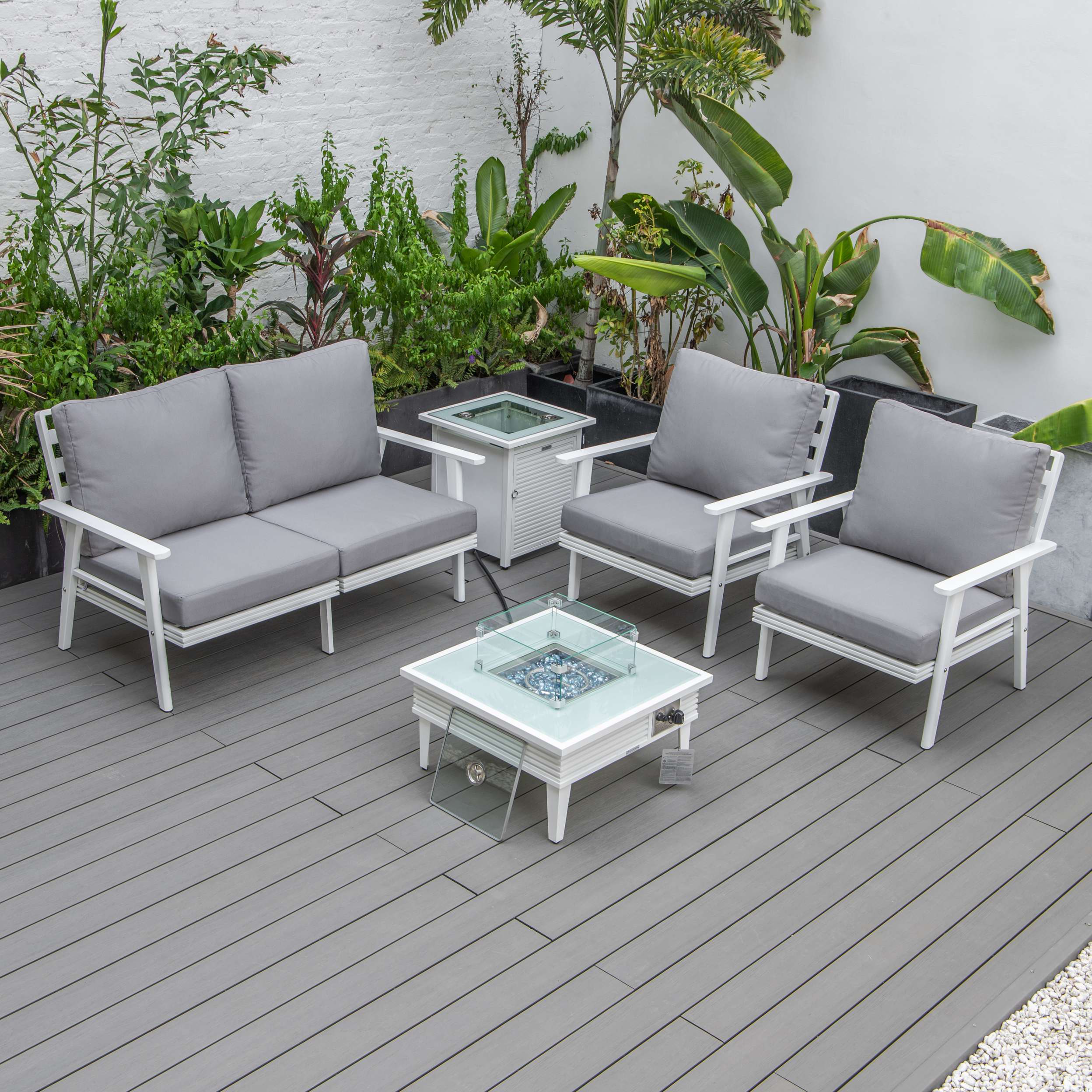 LeisureMod Walbrooke Modern White Patio Conversation With Square Fire Pit & Tank Holder - Image 115