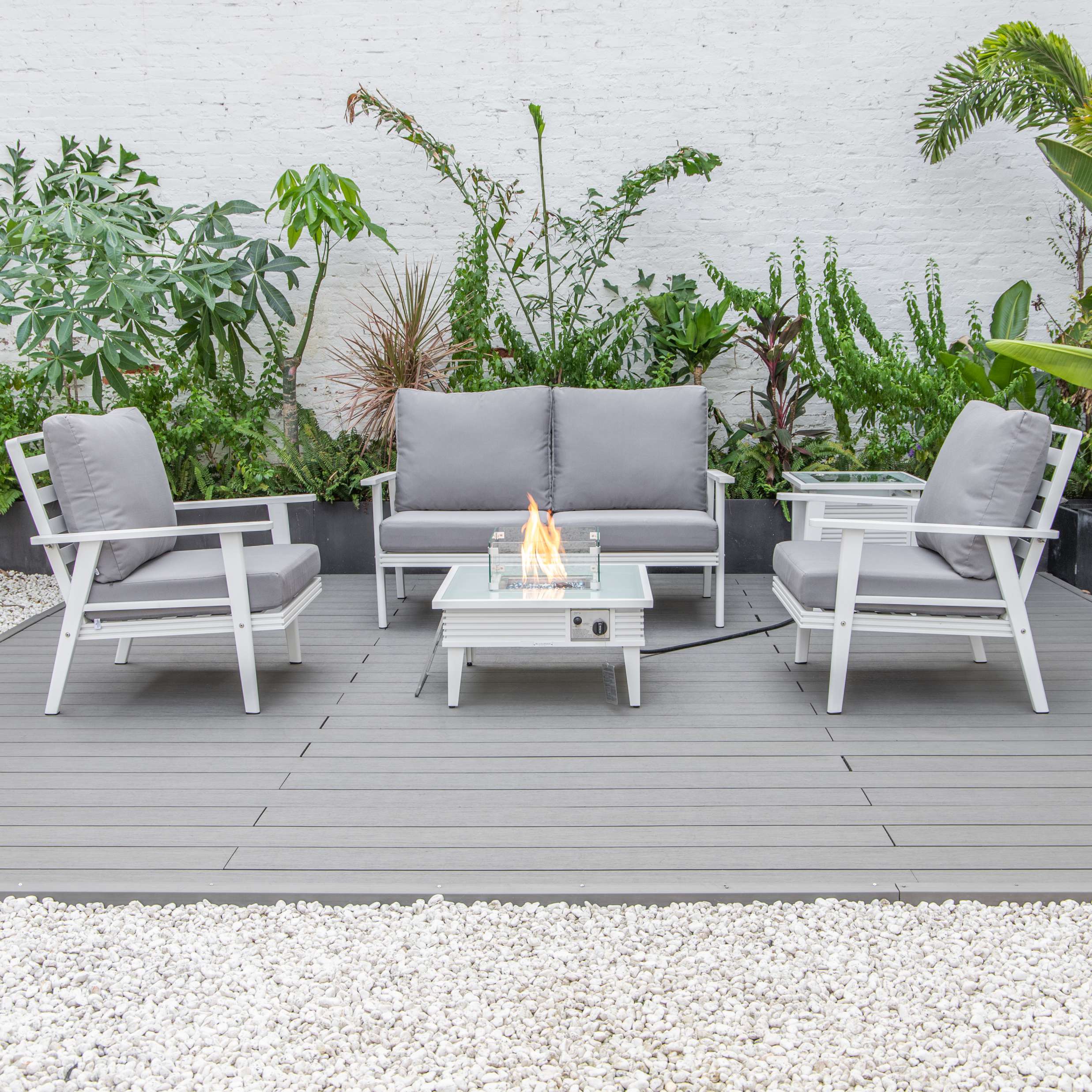 LeisureMod Walbrooke Modern White Patio Conversation With Square Fire Pit & Tank Holder - Image 116