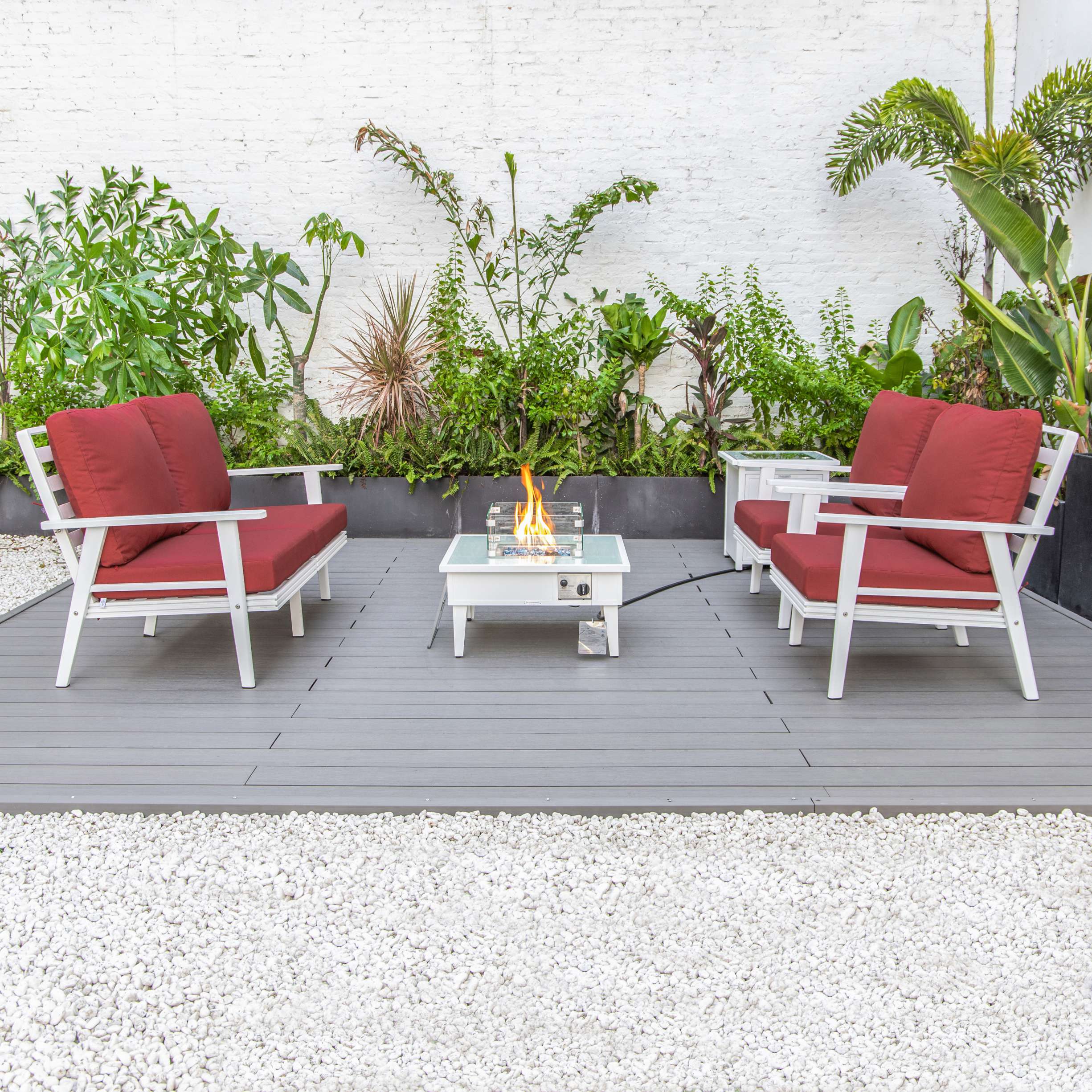 LeisureMod Walbrooke Modern White Patio Conversation With Square Fire Pit & Tank Holder - Image 128