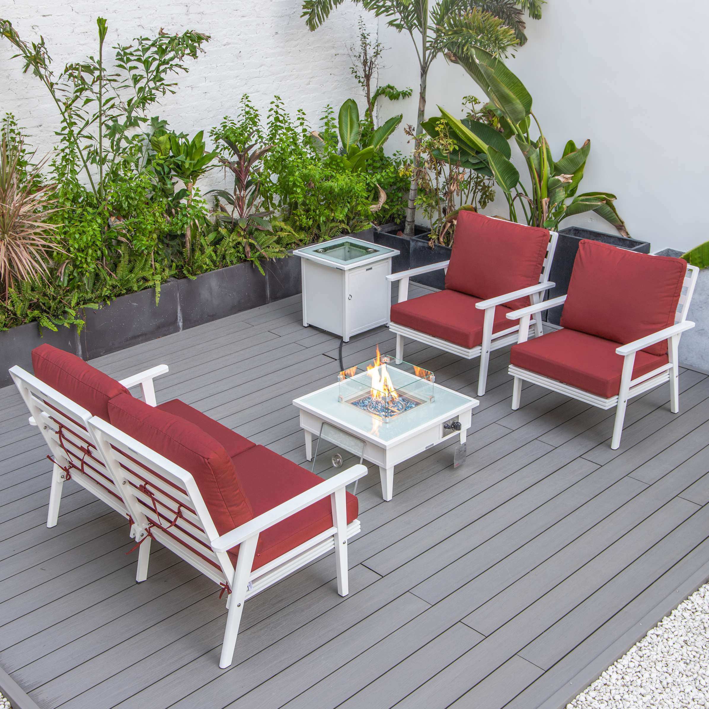 LeisureMod Walbrooke Modern White Patio Conversation With Square Fire Pit & Tank Holder - Image 129