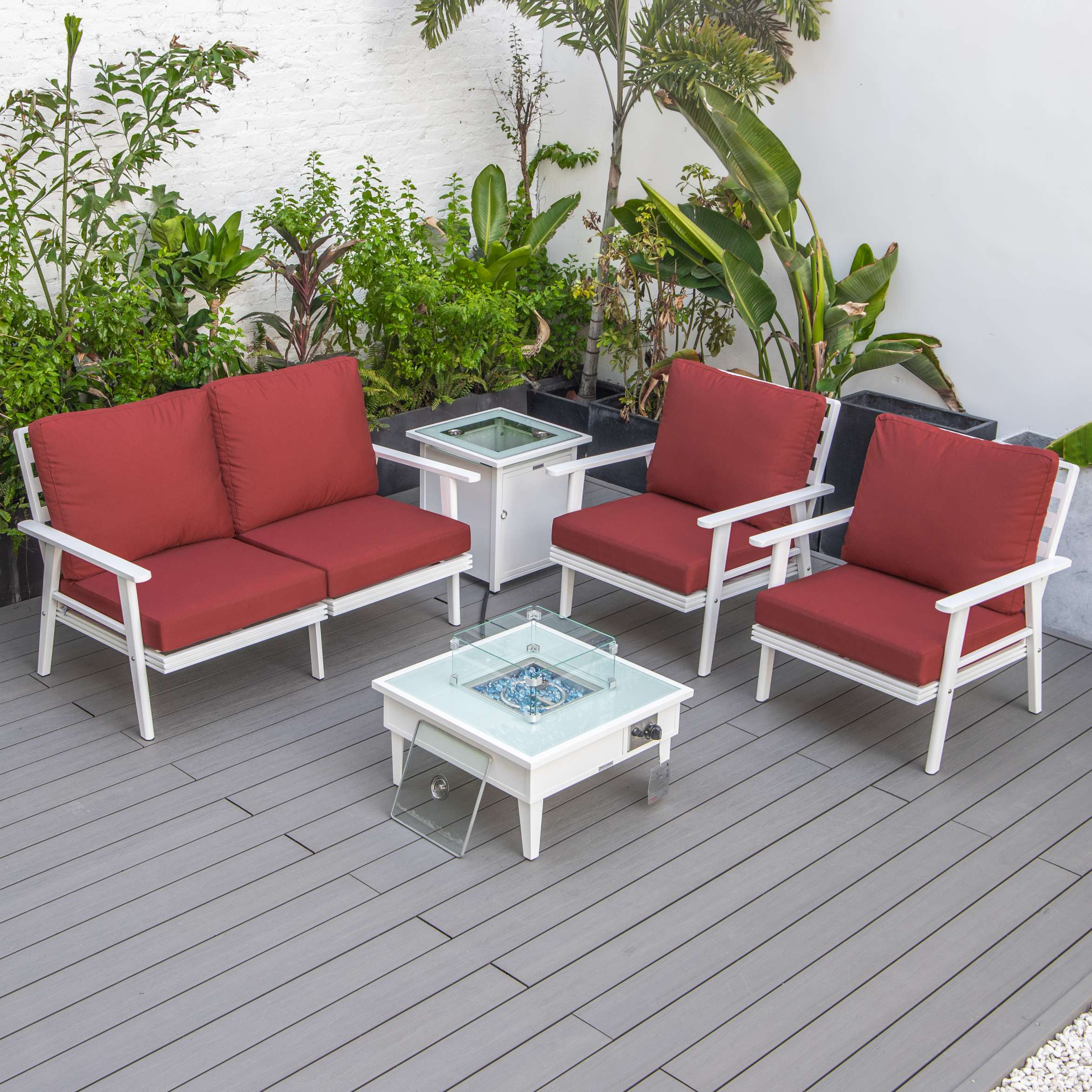 LeisureMod Walbrooke Modern White Patio Conversation With Square Fire Pit & Tank Holder - Image 130