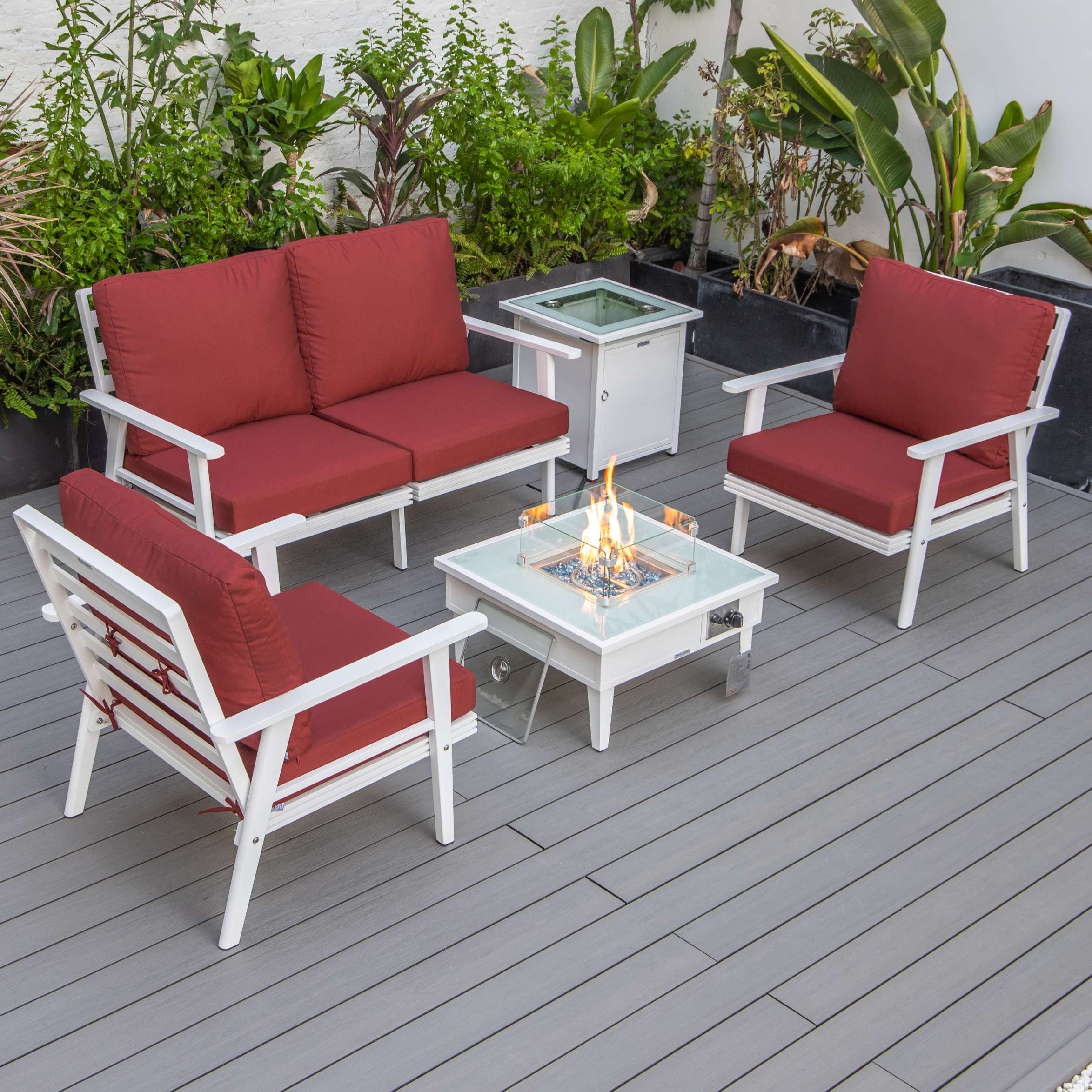 LeisureMod Walbrooke Modern White Patio Conversation With Square Fire Pit & Tank Holder - Image 131