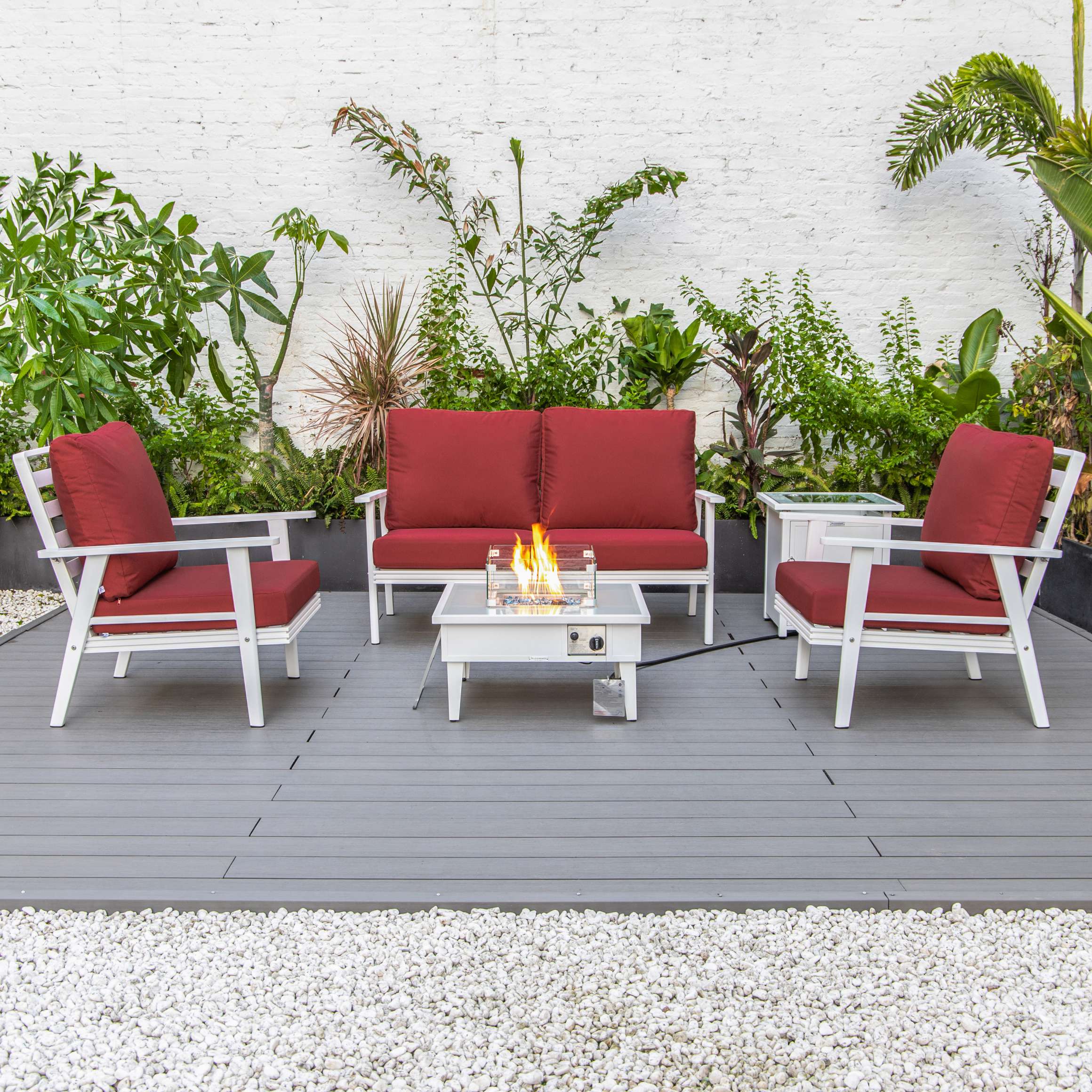 LeisureMod Walbrooke Modern White Patio Conversation With Square Fire Pit & Tank Holder - Image 132