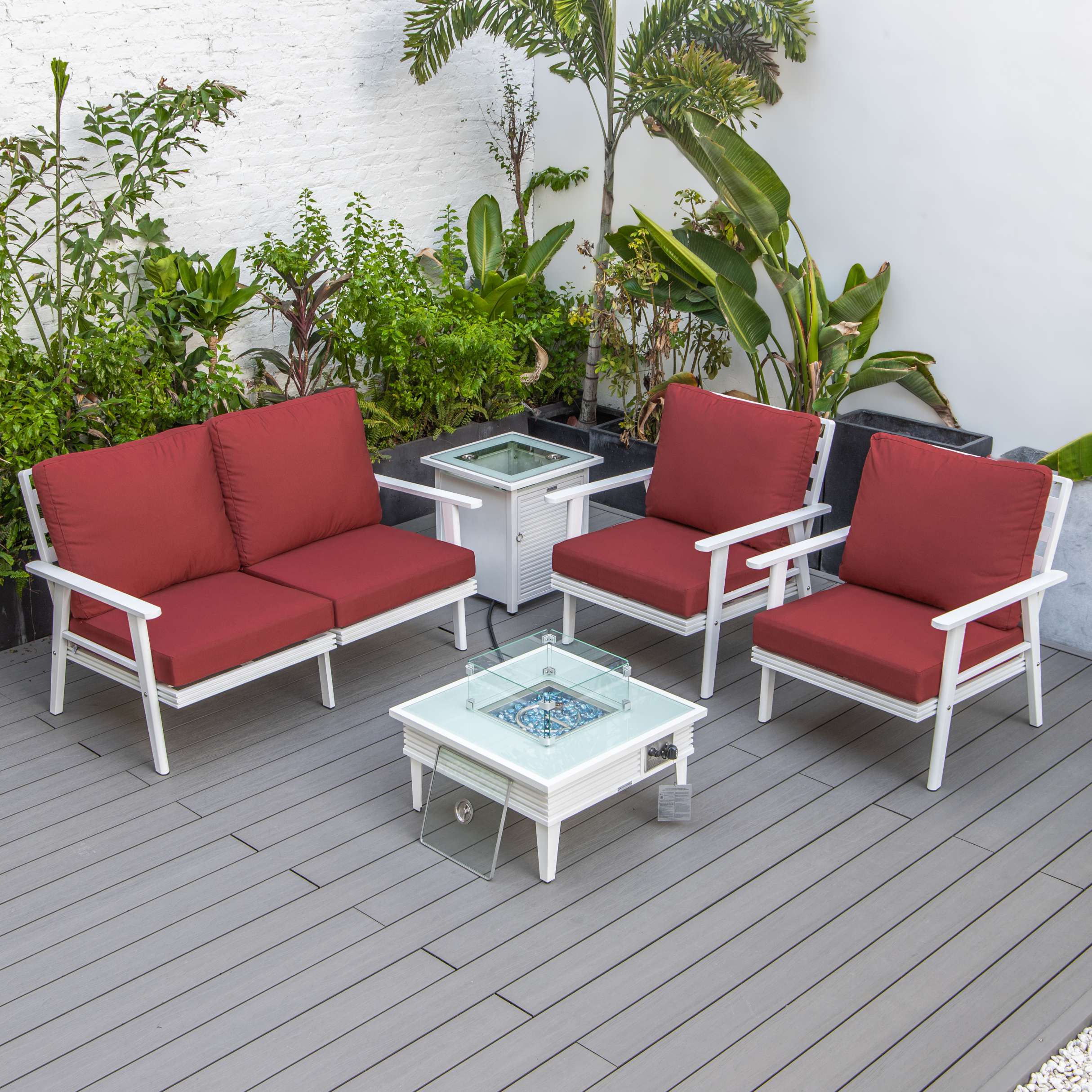 LeisureMod Walbrooke Modern White Patio Conversation With Square Fire Pit & Tank Holder - Image 135