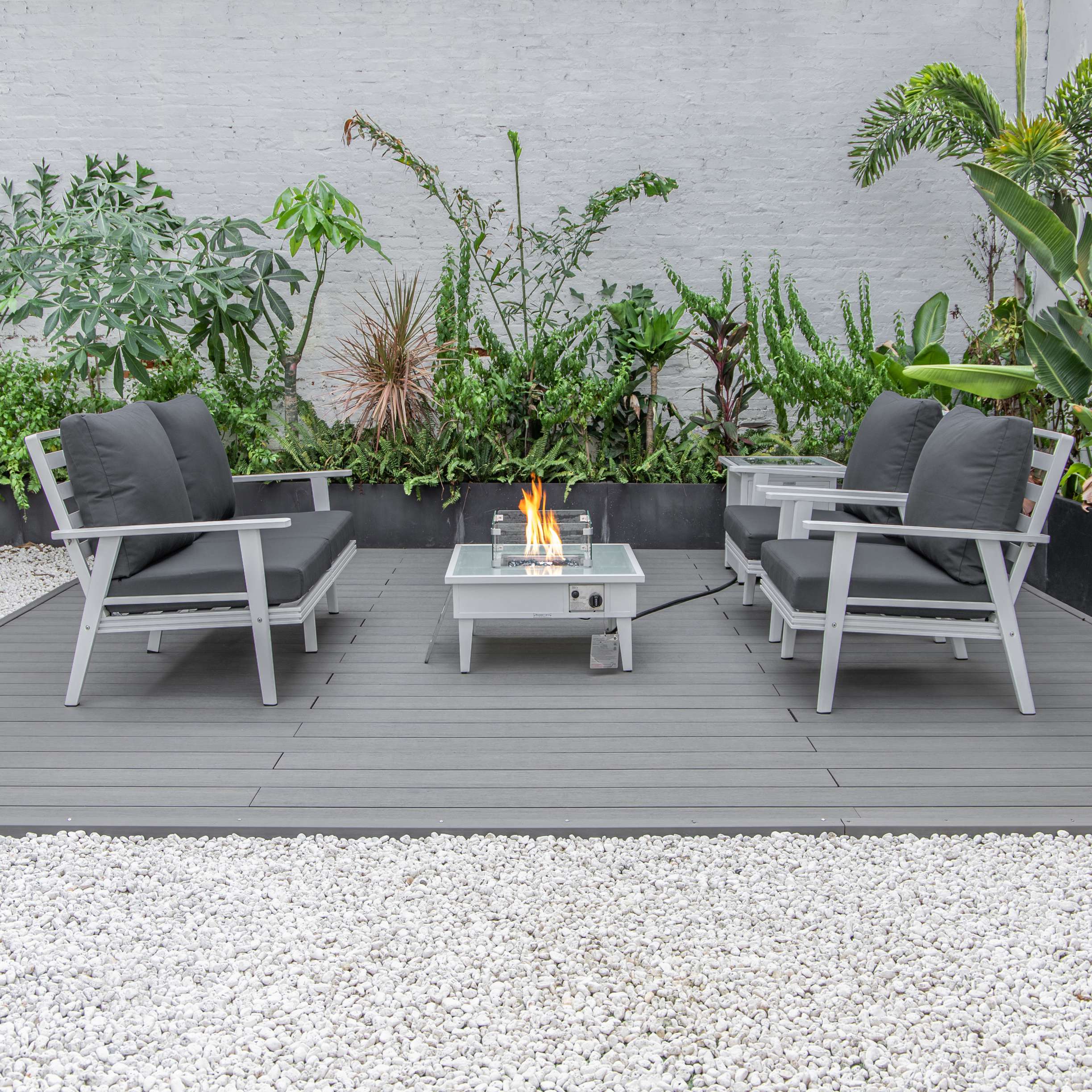 LeisureMod Walbrooke Modern White Patio Conversation With Square Fire Pit & Tank Holder - Image 17