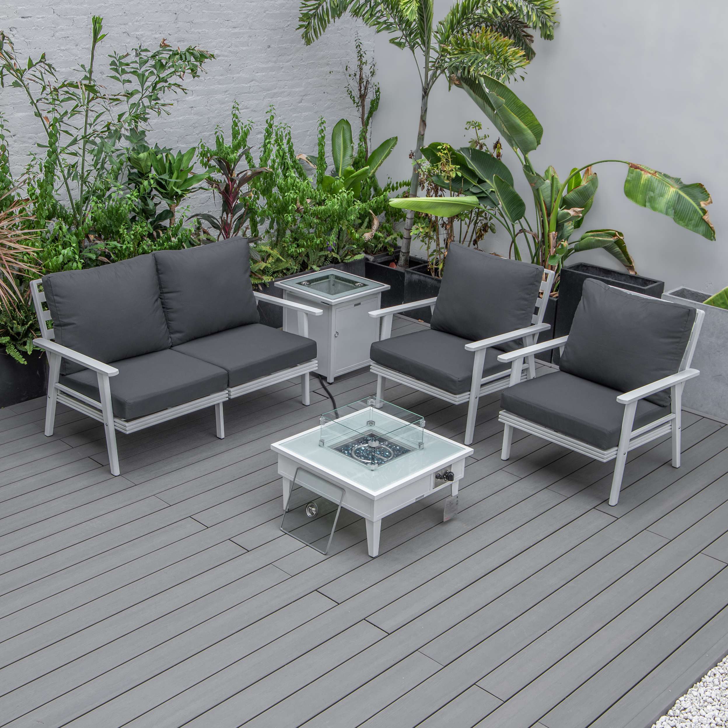 LeisureMod Walbrooke Modern White Patio Conversation With Square Fire Pit & Tank Holder - Image 18