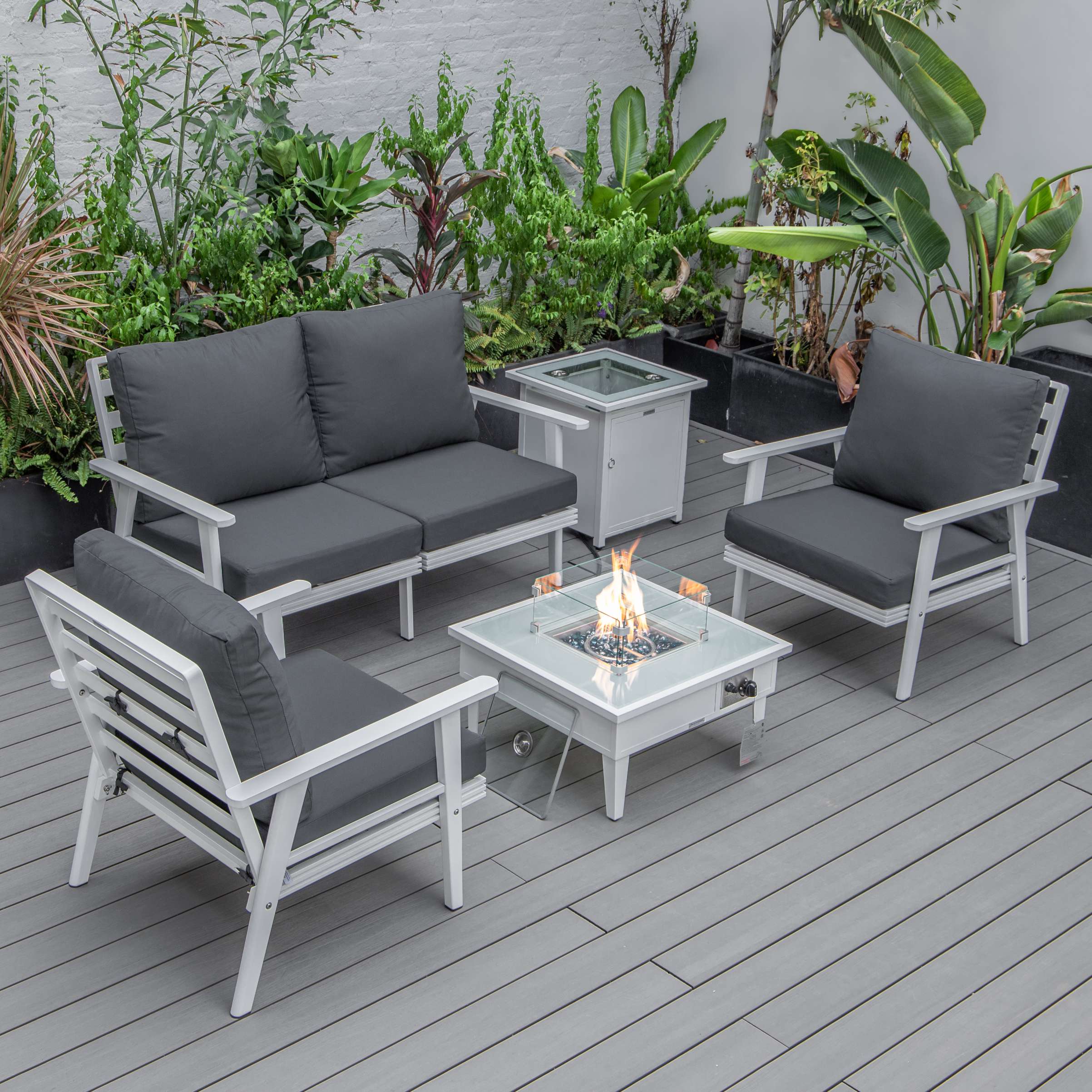 LeisureMod Walbrooke Modern White Patio Conversation With Square Fire Pit & Tank Holder - Image 19