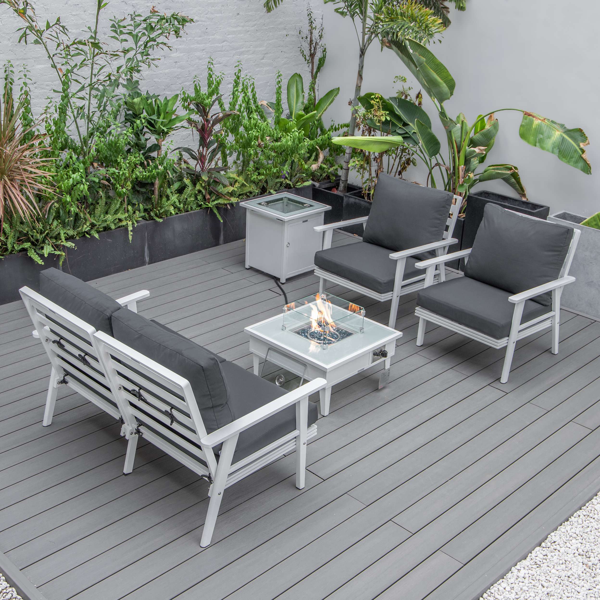 LeisureMod Walbrooke Modern White Patio Conversation With Square Fire Pit & Tank Holder - Image 2