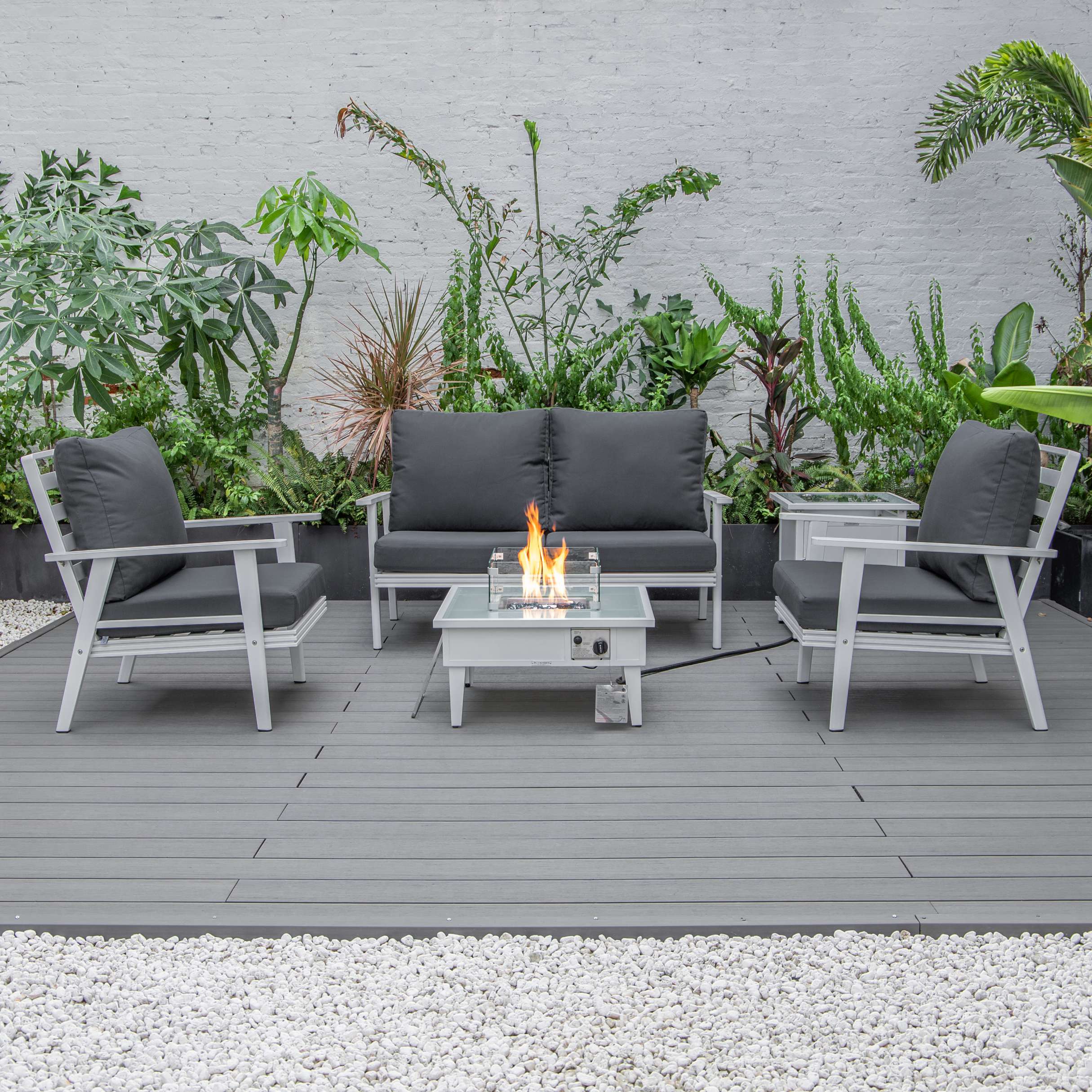 LeisureMod Walbrooke Modern White Patio Conversation With Square Fire Pit & Tank Holder - Image 20