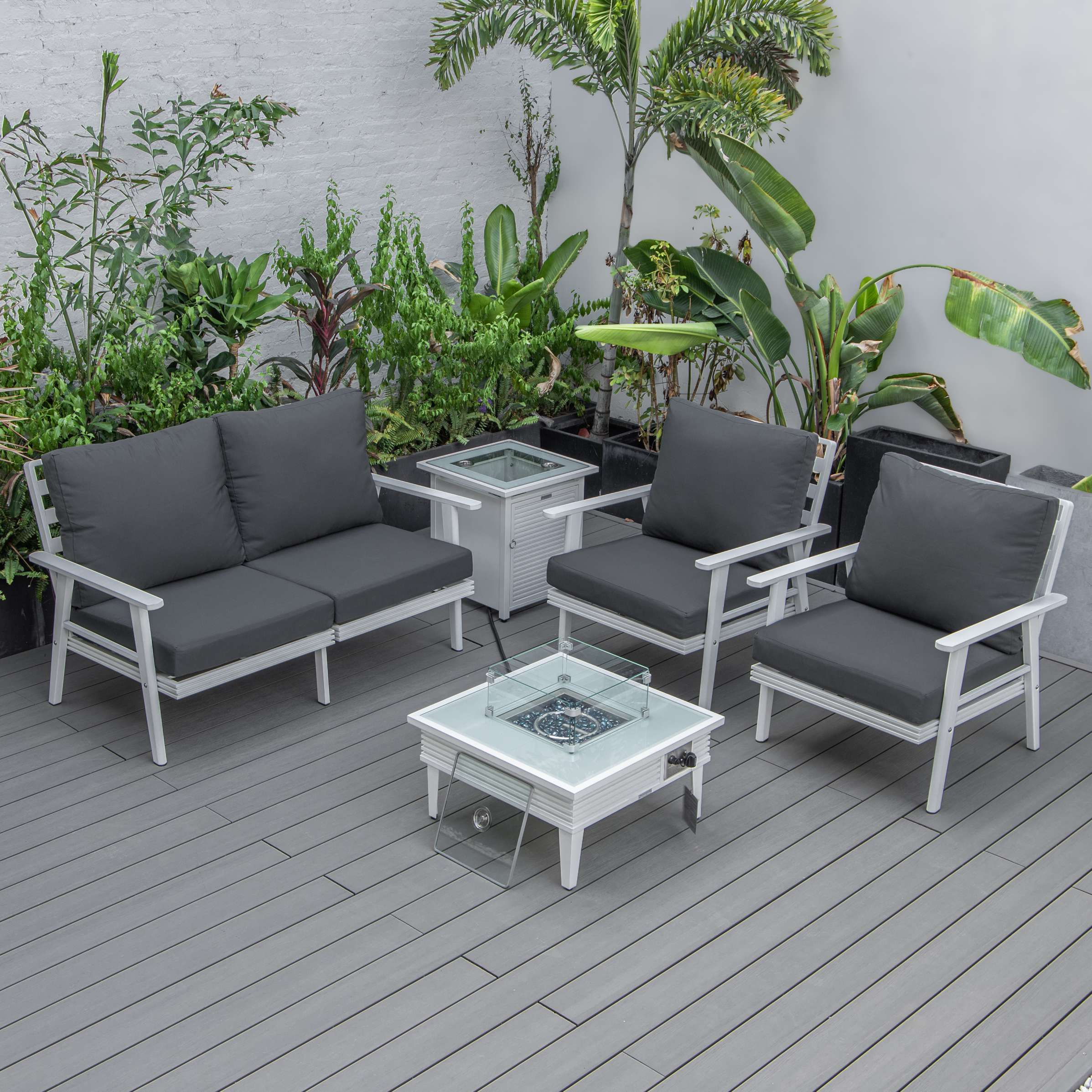 LeisureMod Walbrooke Modern White Patio Conversation With Square Fire Pit & Tank Holder - Image 23