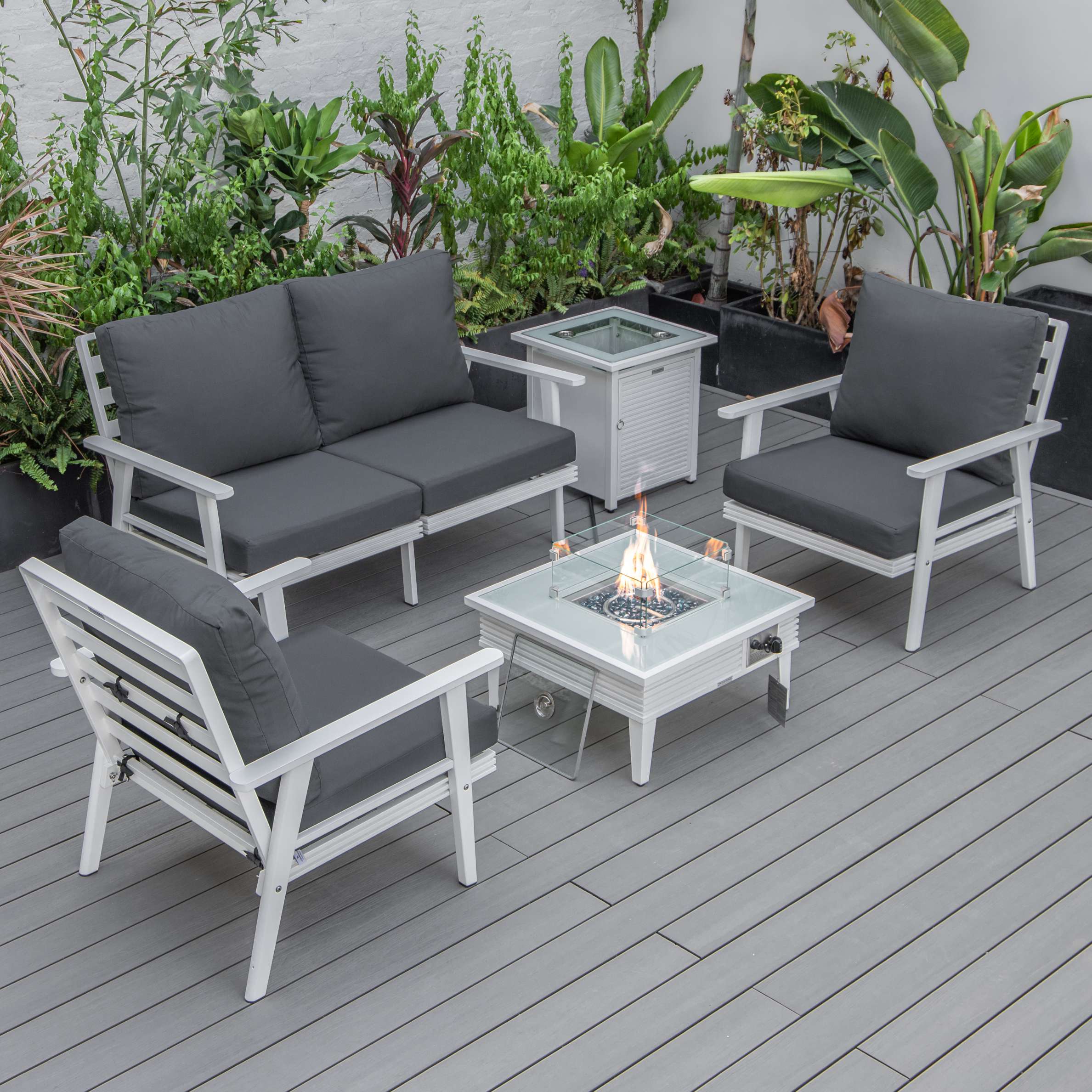 LeisureMod Walbrooke Modern White Patio Conversation With Square Fire Pit & Tank Holder - Image 24
