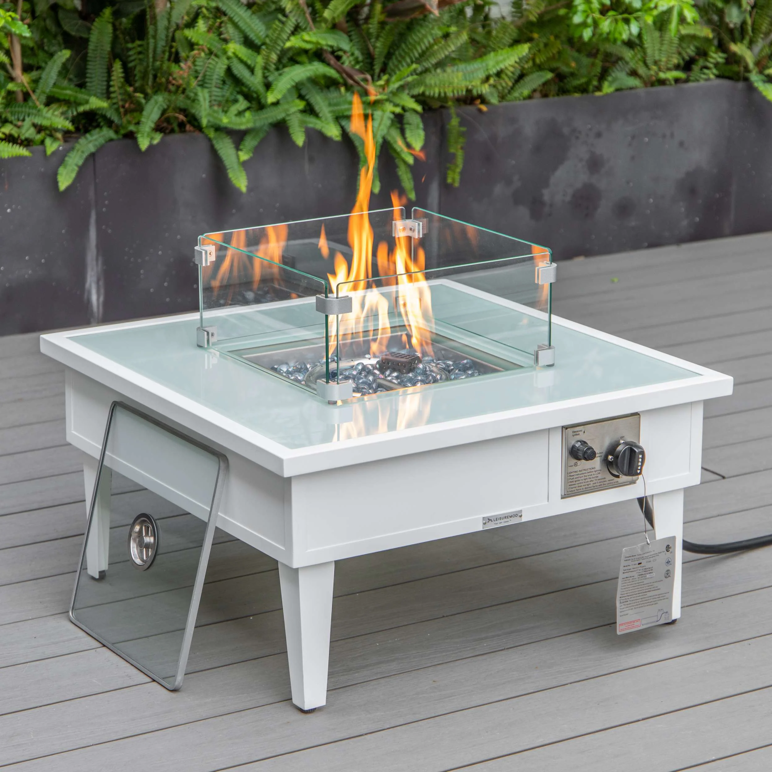 LeisureMod Walbrooke Modern White Patio Conversation With Square Fire Pit & Tank Holder - Image 3