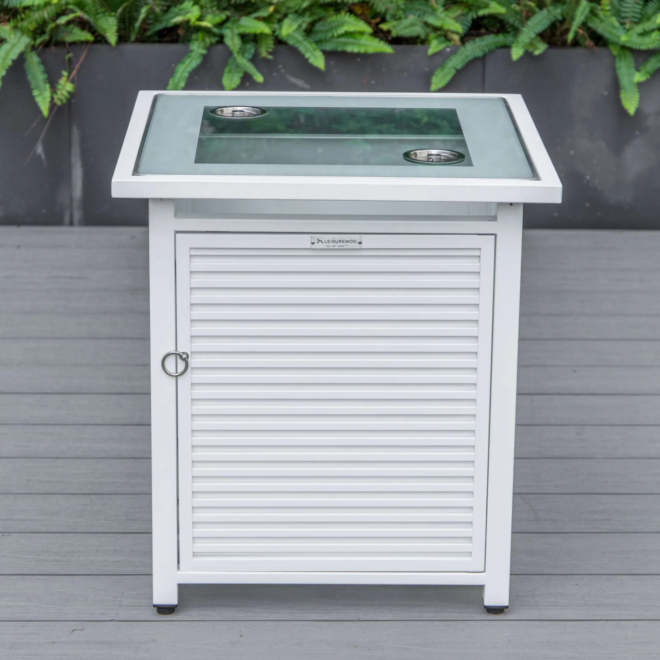LeisureMod Walbrooke Modern White Patio Conversation With Square Fire Pit & Tank Holder - Image 4