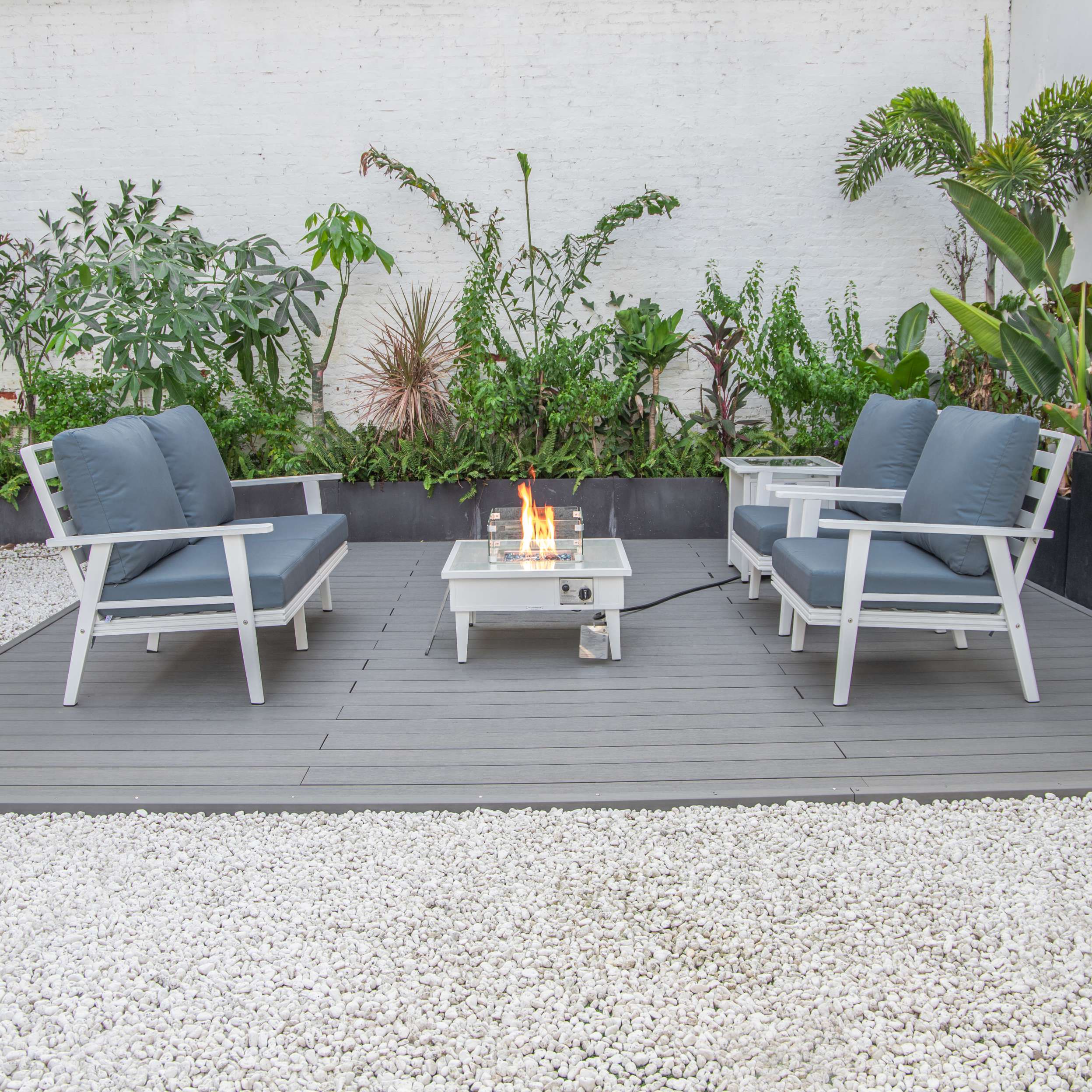 LeisureMod Walbrooke Modern White Patio Conversation With Square Fire Pit & Tank Holder - Image 45