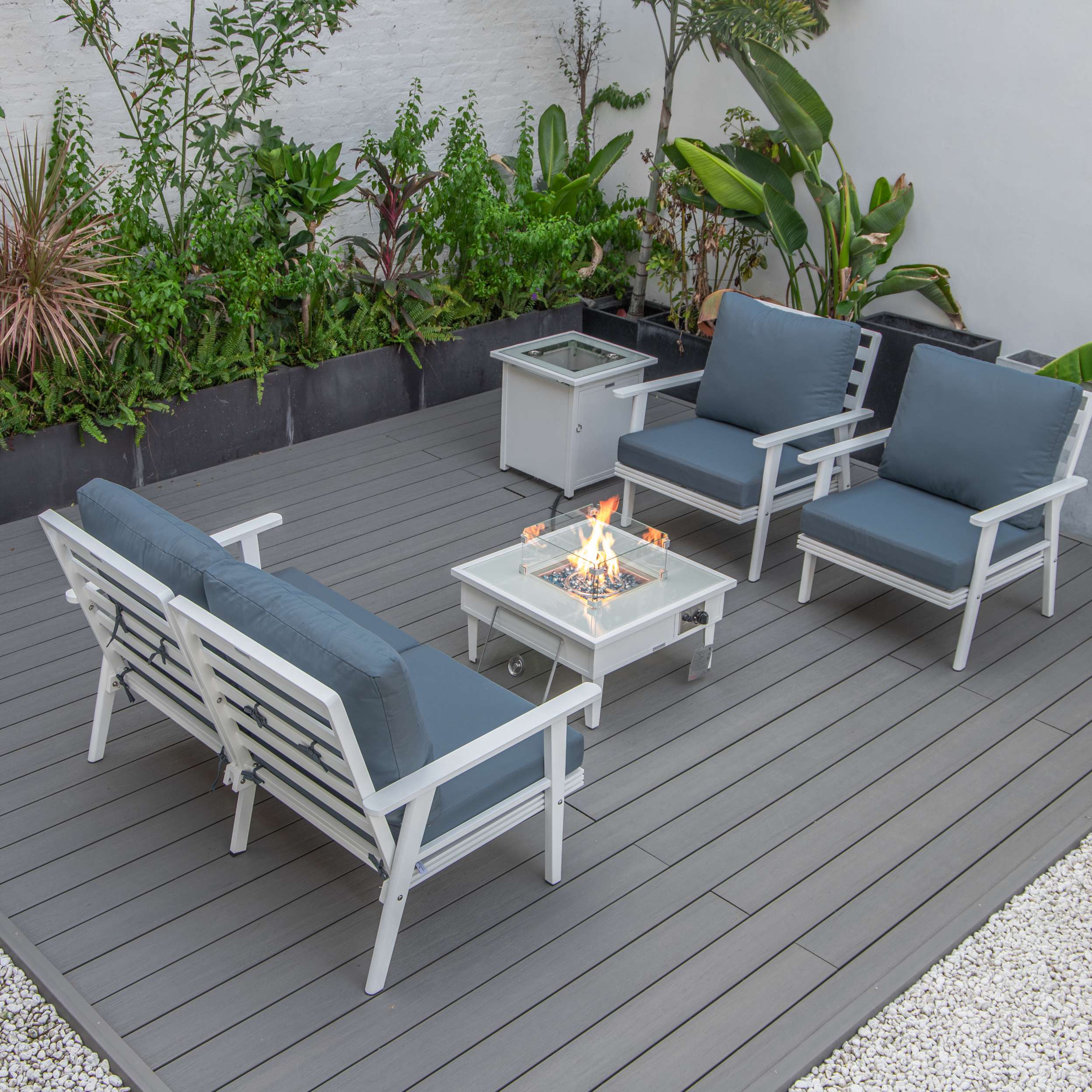 LeisureMod Walbrooke Modern White Patio Conversation With Square Fire Pit & Tank Holder - Image 46