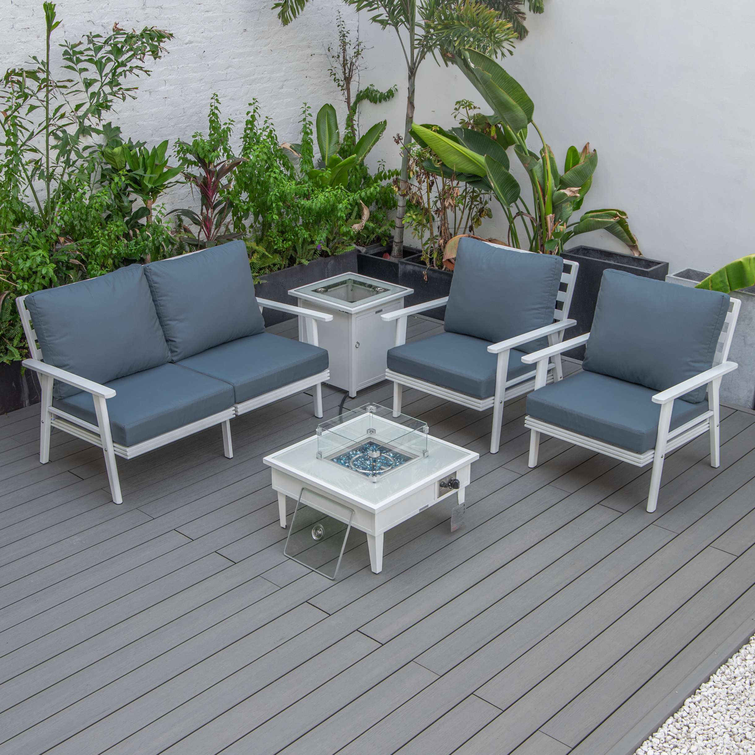 LeisureMod Walbrooke Modern White Patio Conversation With Square Fire Pit & Tank Holder - Image 47