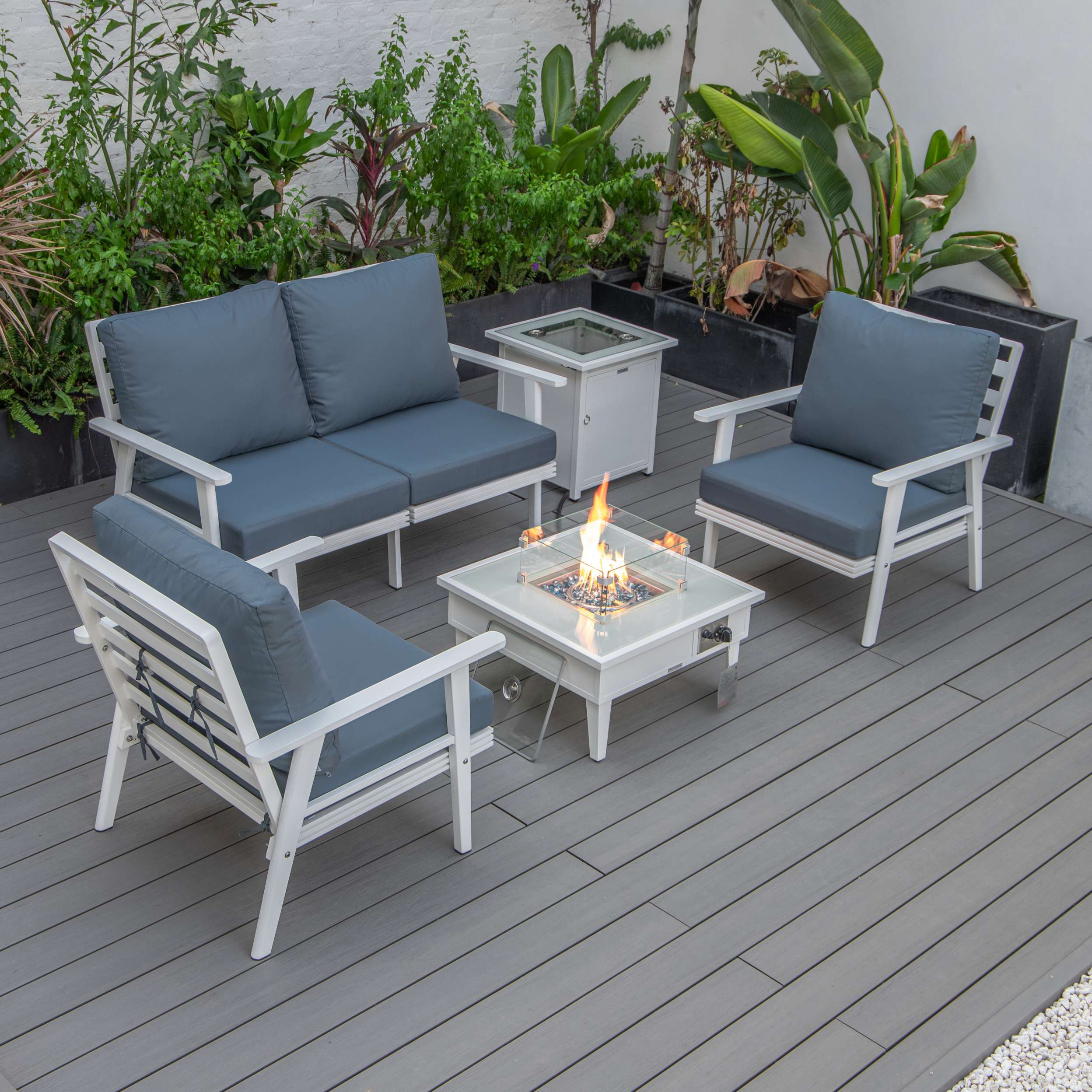 LeisureMod Walbrooke Modern White Patio Conversation With Square Fire Pit & Tank Holder - Image 48
